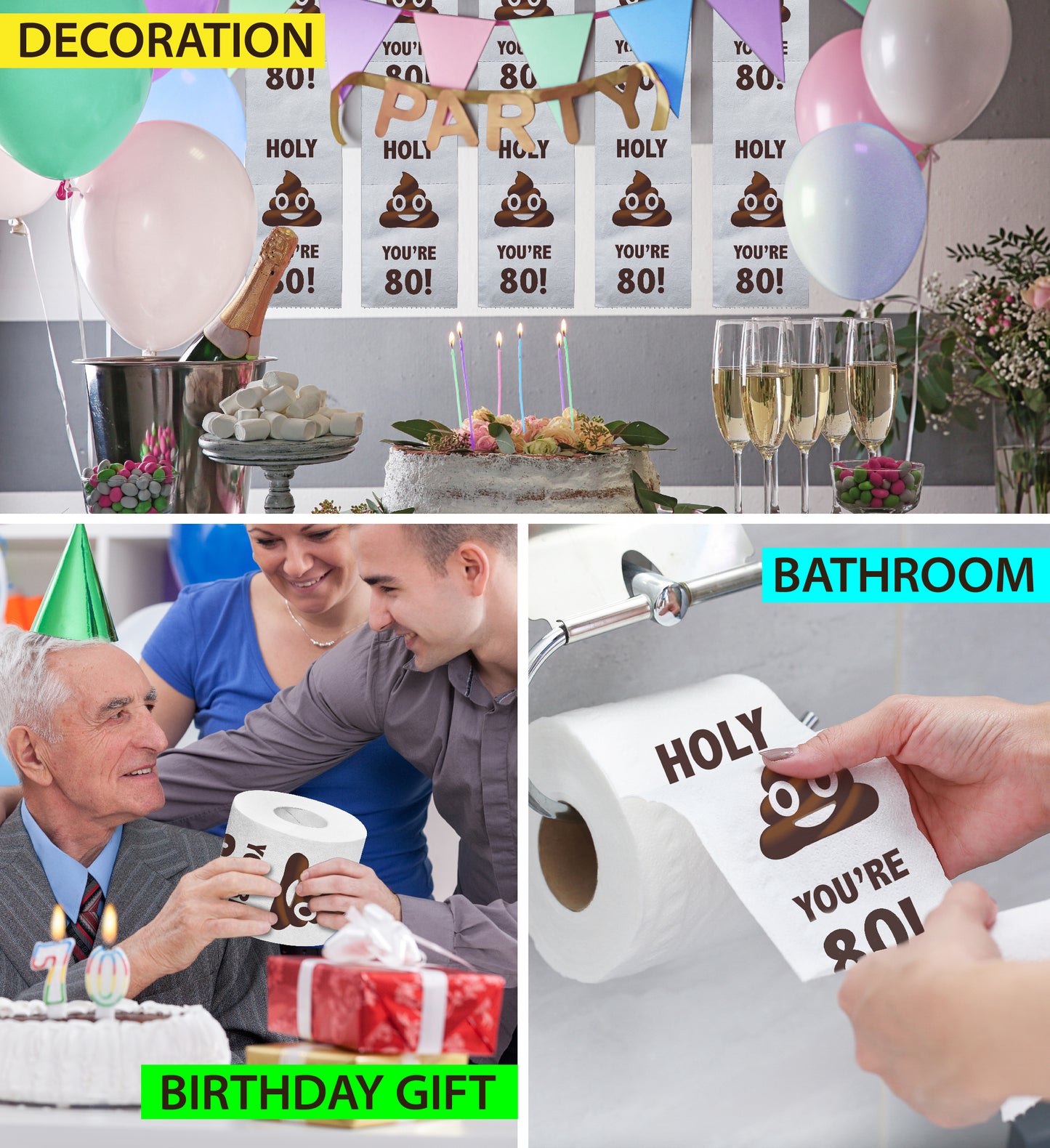Printed TP Holy Poop You're 80 Funny Toilet Paper Roll Birthday Party Gag Gift