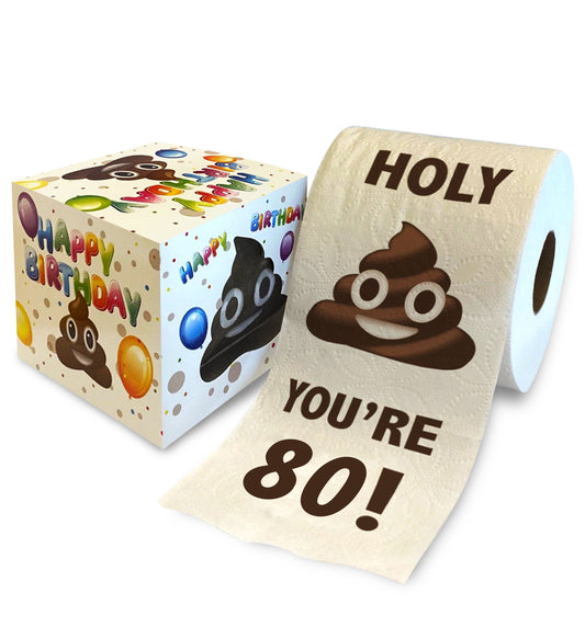 Printed TP Holy Poop You're 80 Funny Toilet Paper Roll Birthday Party Gag Gift