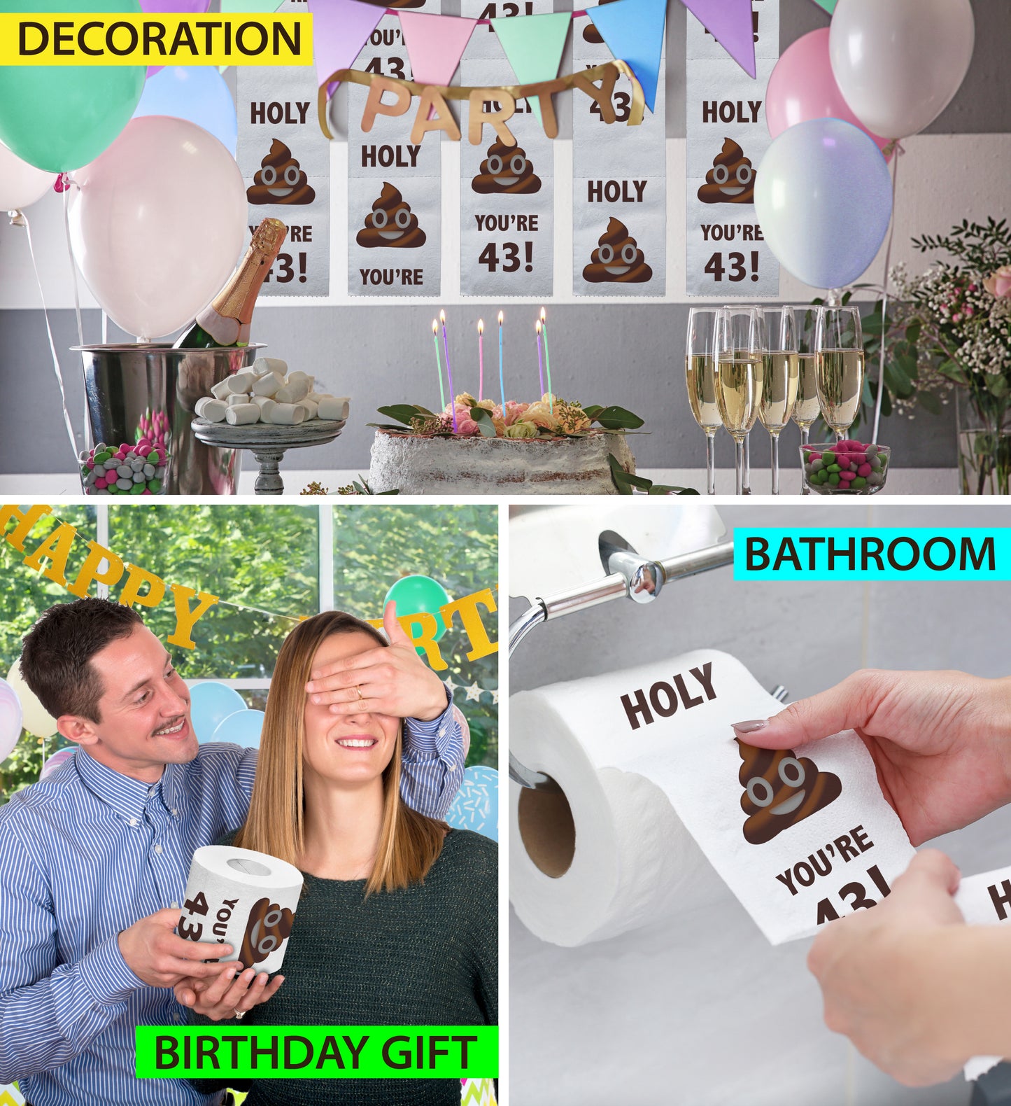 Printed TP Holy Poop You're 43 Funny Toilet Paper Roll Birthday Party Gag Gift