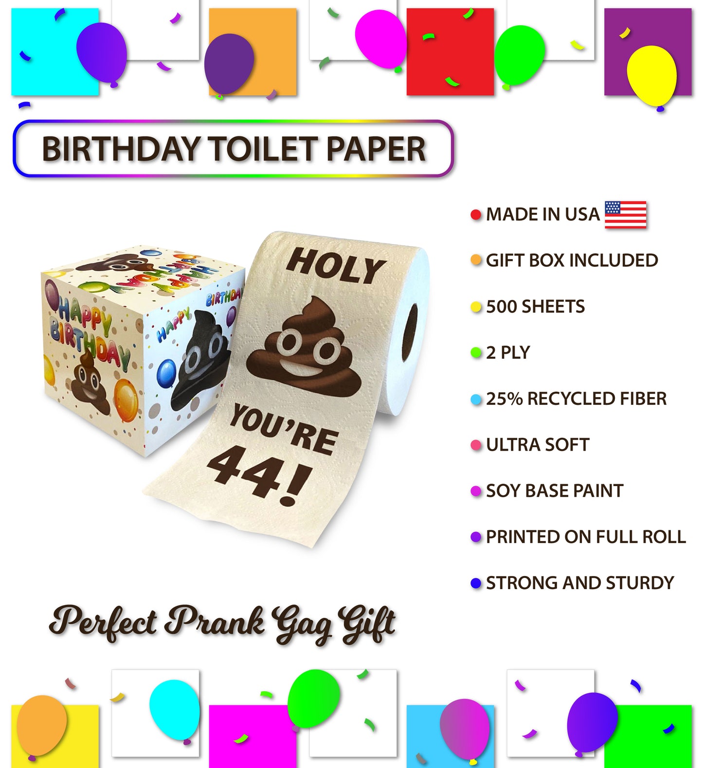 Printed TP Holy Poop You're 44 Funny Toilet Paper Roll Birthday Party Gag Gift