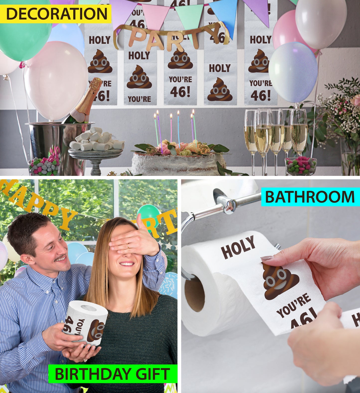 Printed TP Holy Poop You're 46 Funny Toilet Paper Roll Birthday Party Gag Gift