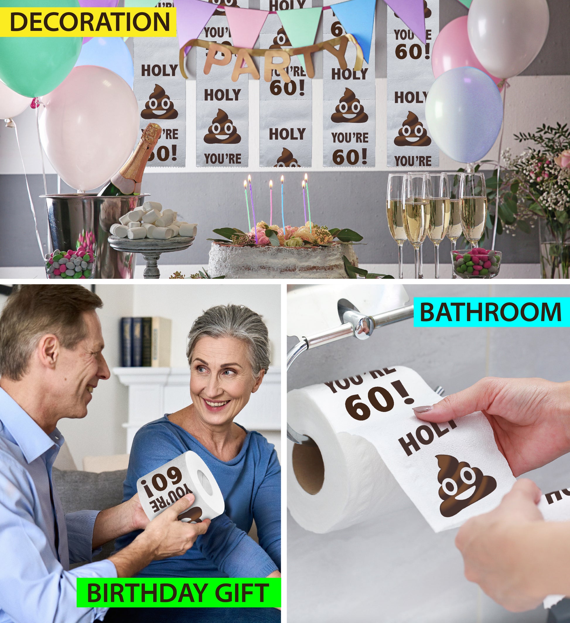 Printed TP Holy Poop You're 60 Funny Toilet Paper Roll Birthday