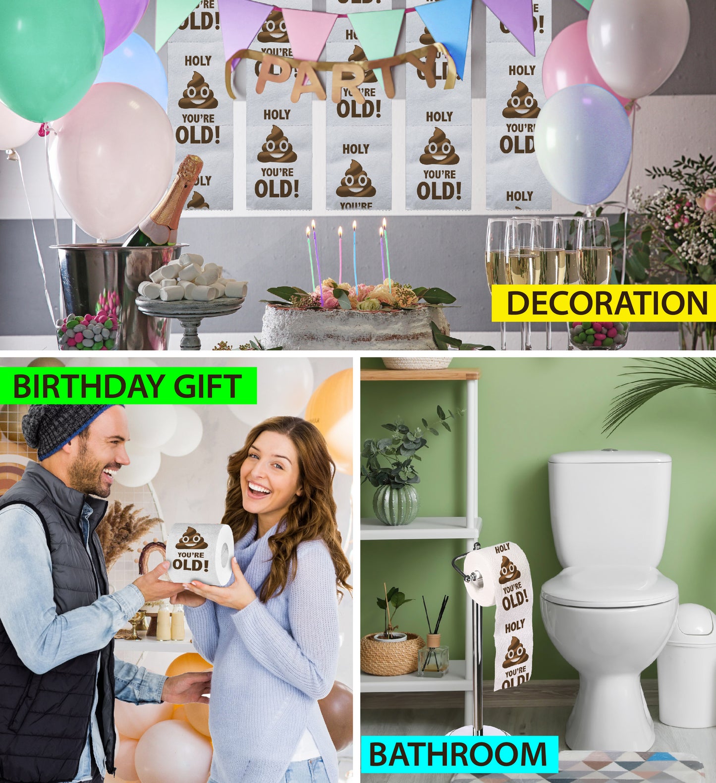 Printed TP Holy Poop You're Old Happy Birthday Funny Toilet Paper Roll Gag Gift
