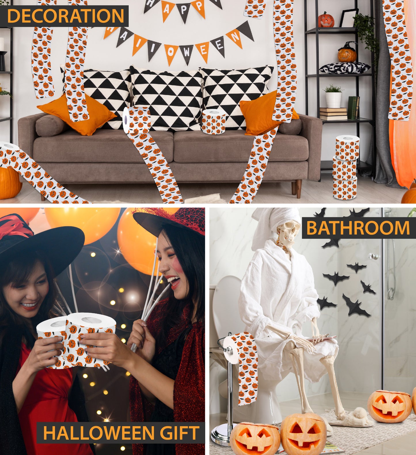 Printed TP Halloween Pumpkin and Bat Scary Decoration Toilet Paper Roll Gift