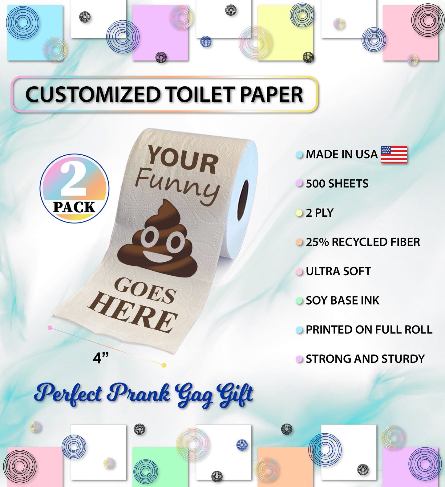 Printed TP Wholesale Toilet Paper Roll Gag Gift Decor in 1 Color - 500 sheets (Individually Shrink Wrapped - No Gift Box)