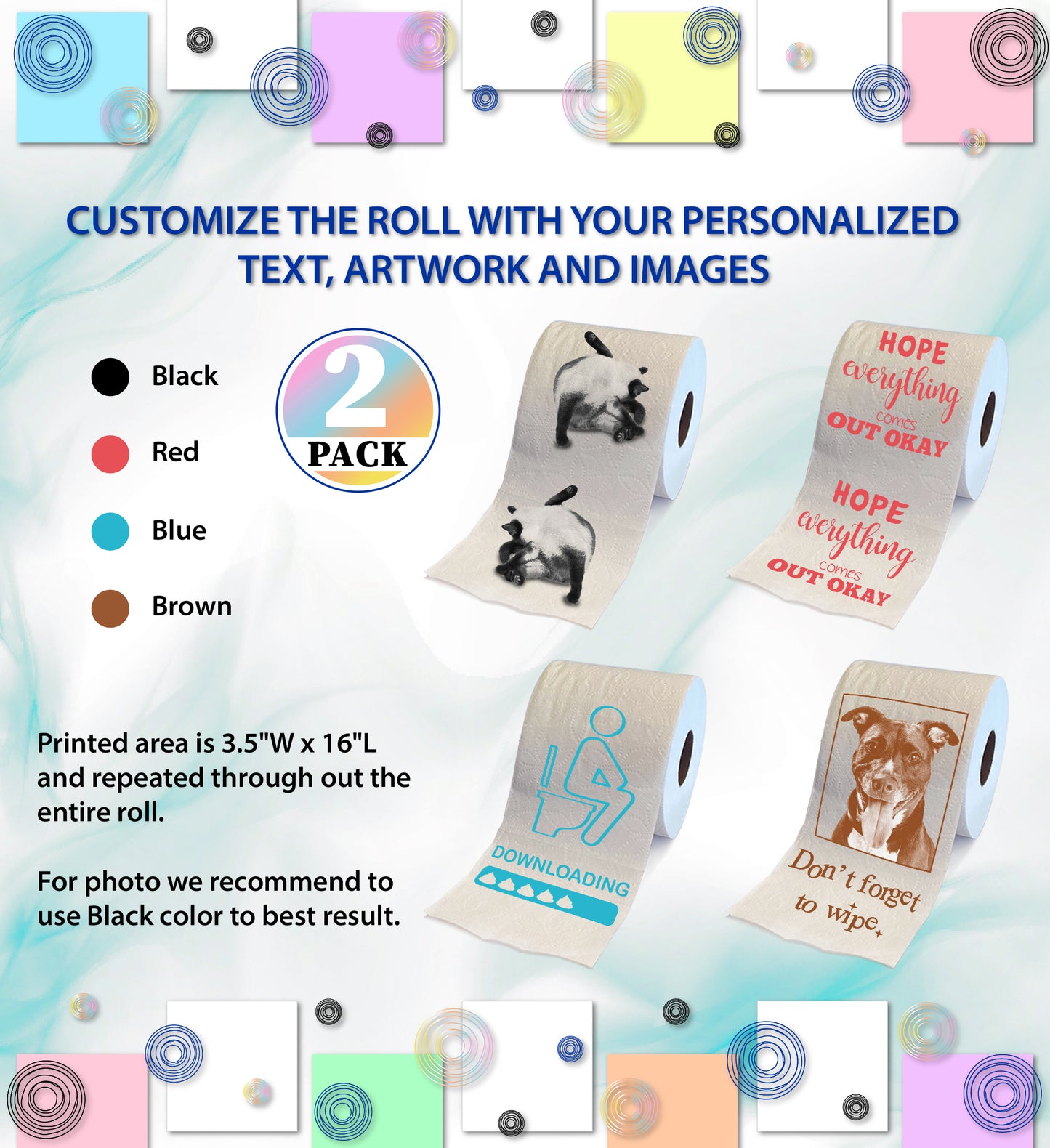 Printed TP Wholesale Toilet Paper Roll Gag Gift Decor in 1 Color - 500 sheets (Individually Shrink Wrapped - No Gift Box)