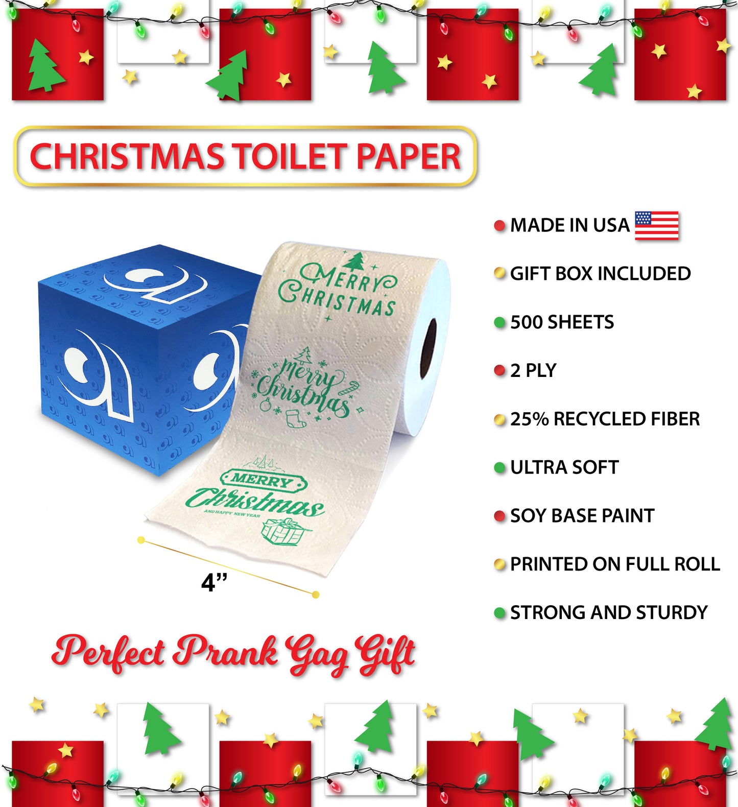 Printed TP Merry Christmas Green Text Toilet Paper Roll Holiday Gift for Stuffer