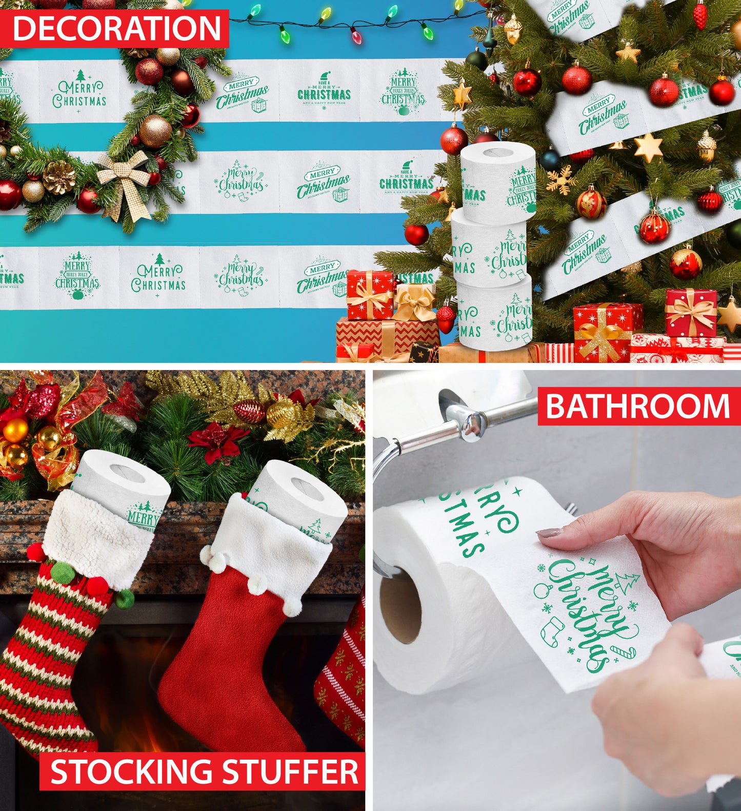 Printed TP Merry Christmas Green Text Toilet Paper Roll Holiday Gift for Stuffer