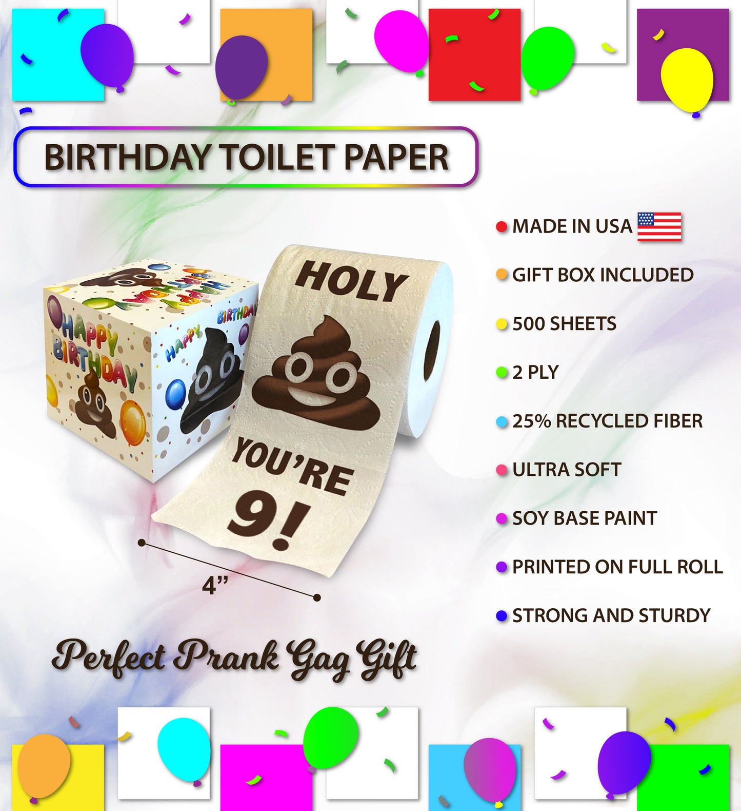 Printed TP Holy Poop You're 9 Printed Toilet Paper Funny Gag Gift – 500 Sheets