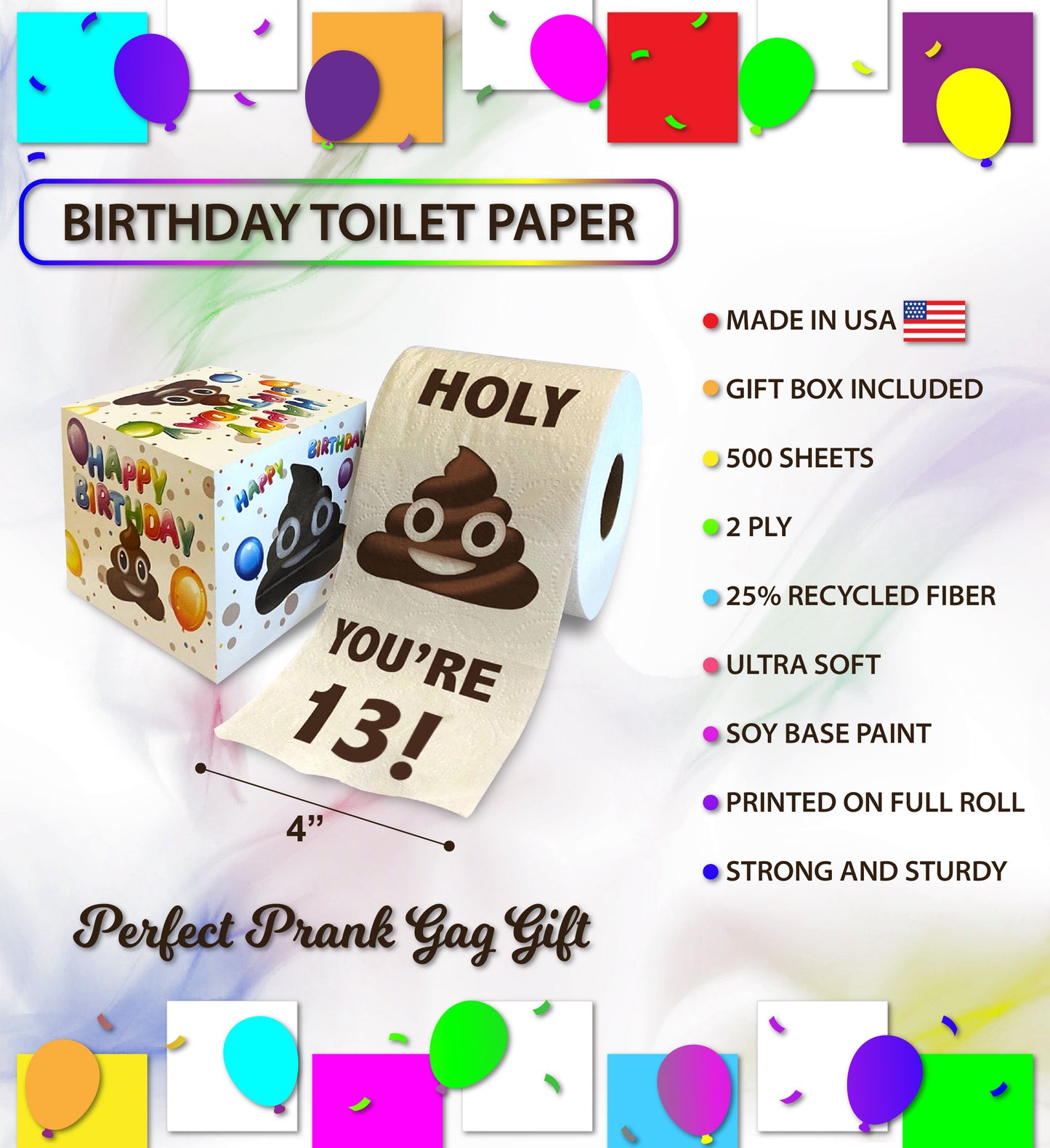 Printed TP Holy Poop You're 13 Printed Toilet Paper Funny Gag Gift – 500 Sheets