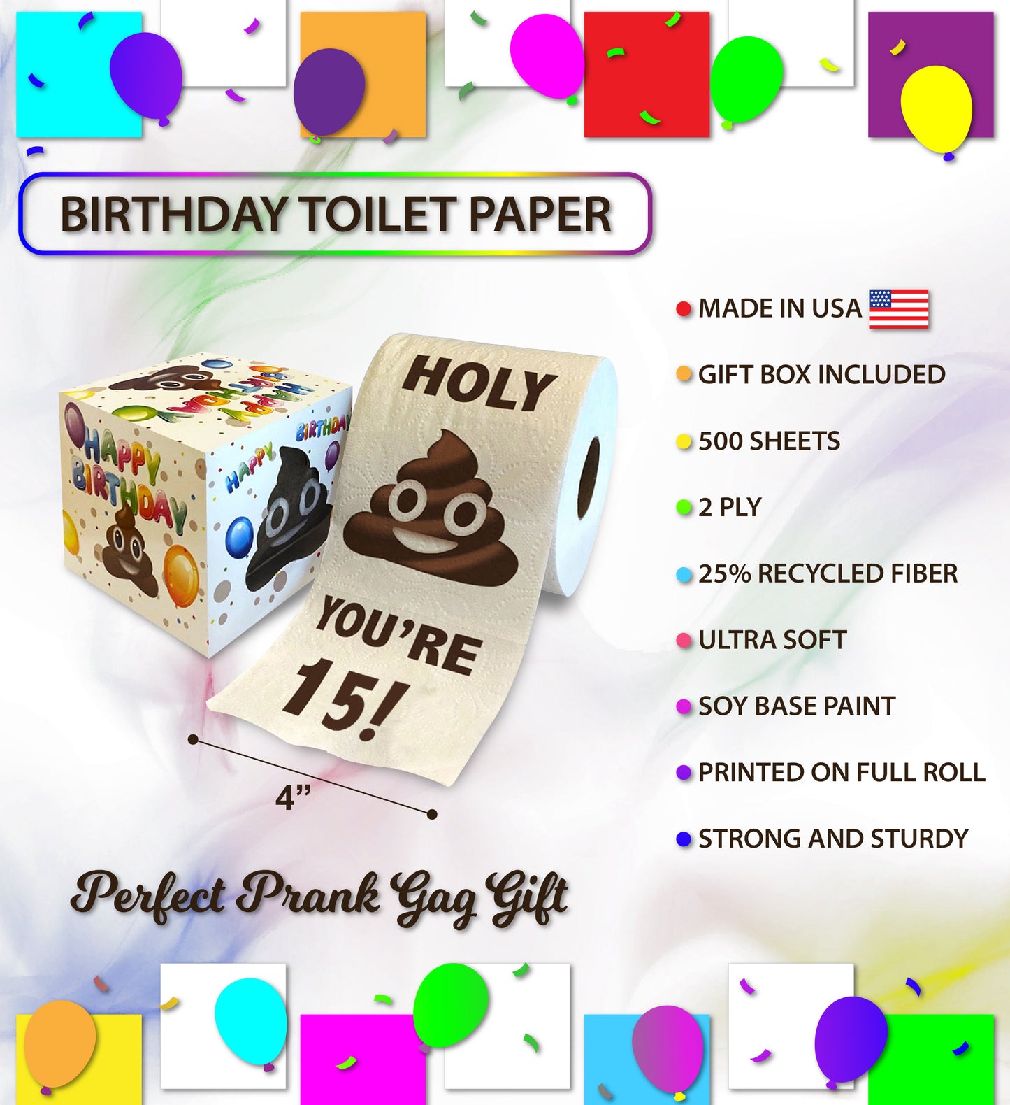 Printed TP Holy Poop You're 15 Printed Toilet Paper Funny Gag Gift – 500 Sheets