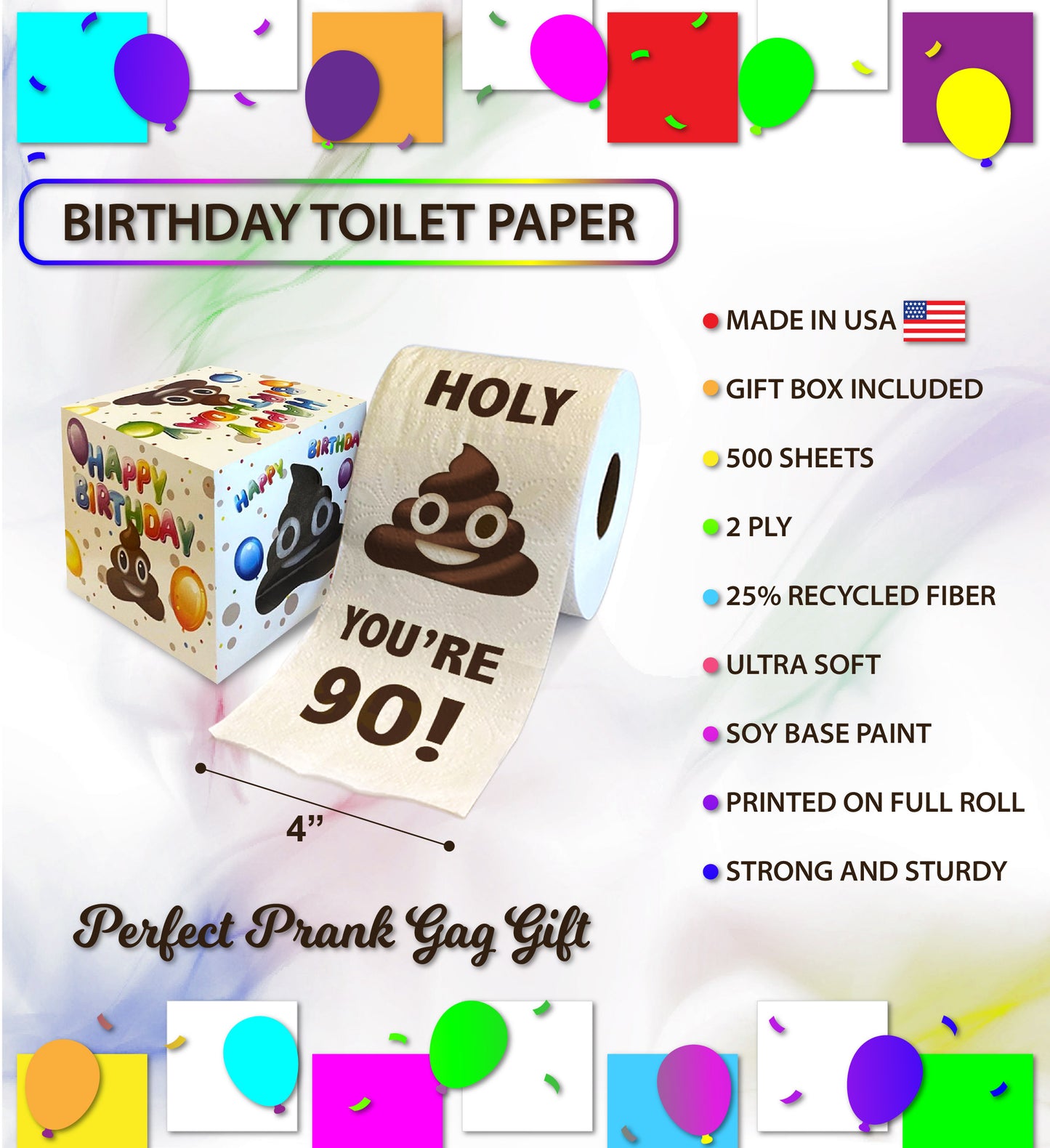 Printed TP Holy Poop You're 90 Printed Toilet Paper Funny Gag Gift – 500 Sheets