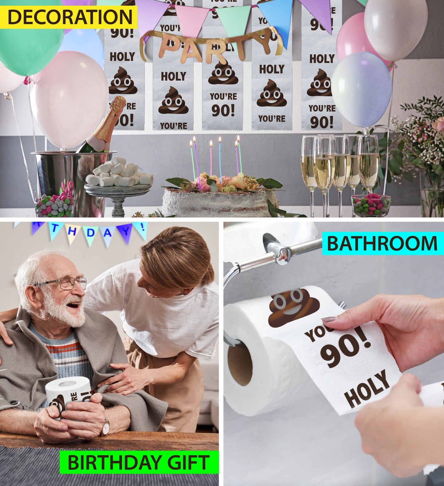 Printed TP Holy Poop You're 90 Printed Toilet Paper Funny Gag Gift – 500 Sheets