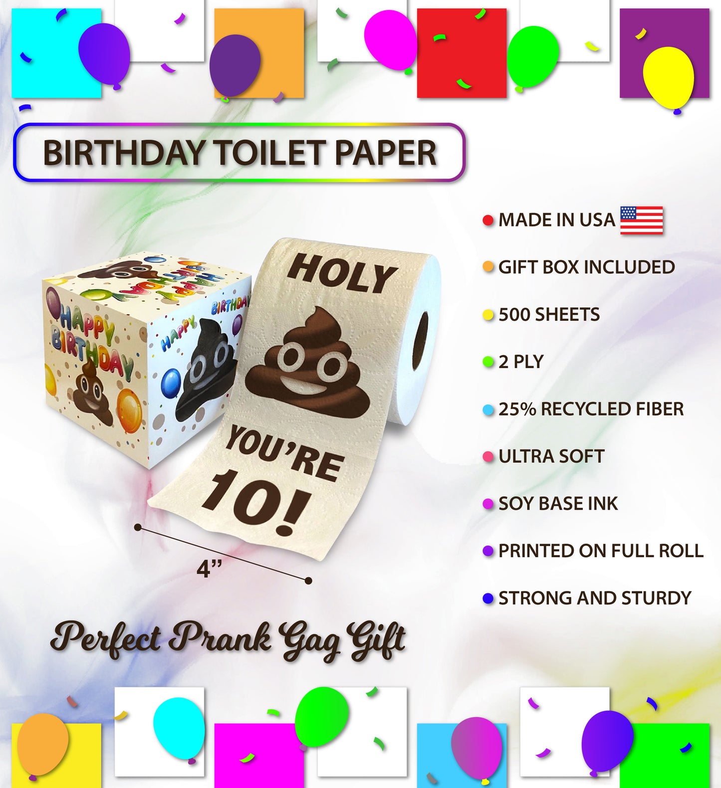 Printed TP Holy Poop You're 10 Printed Toilet Paper Funny Gag Gift – 500 Sheets