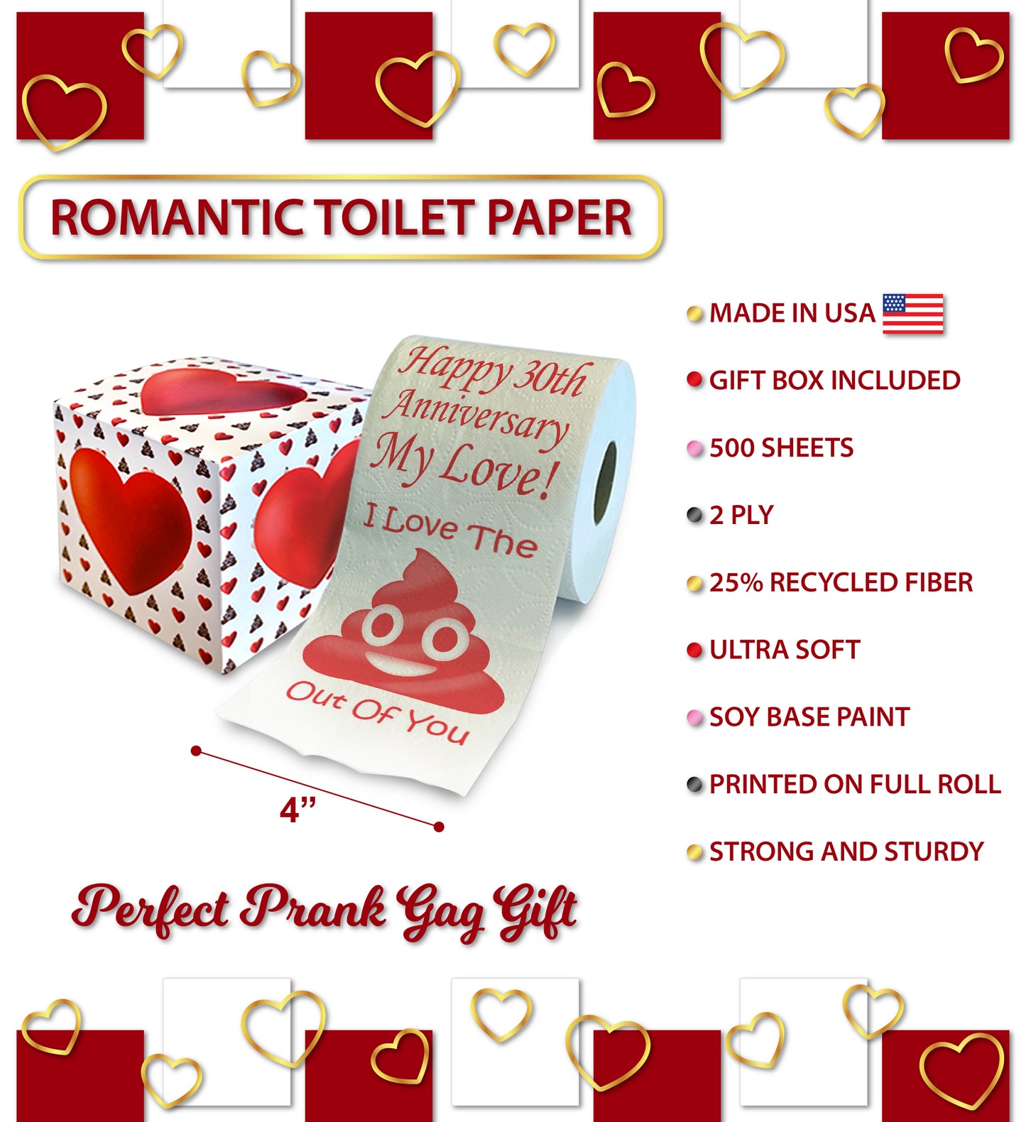 Printed TP Happy Thirtieth Anniversary Printed Toilet Paper Prank – 500 Sheets