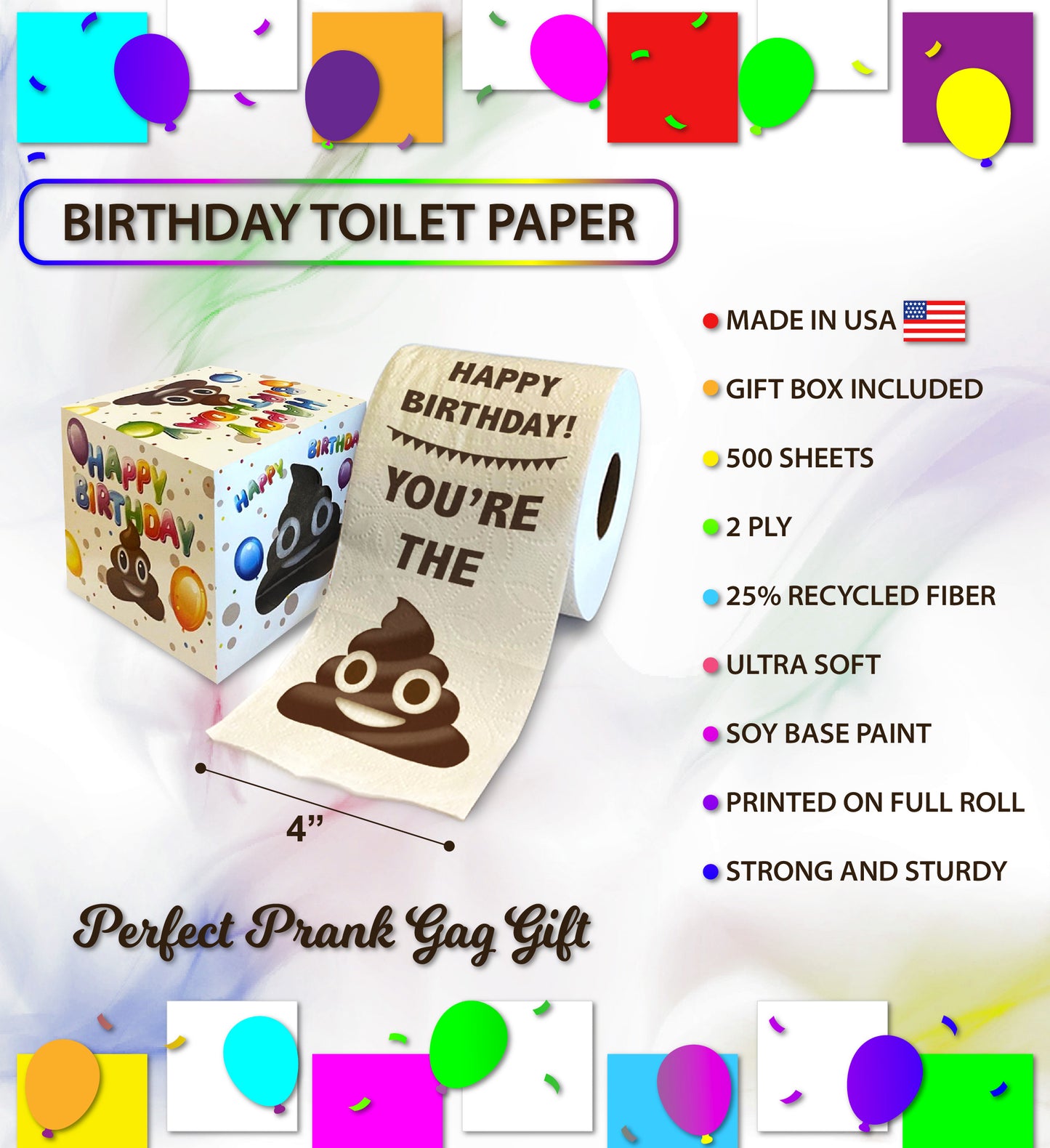 Printed TP Happy Birthday You're the Poop Printed Toilet Paper Gift – 500 Sheet