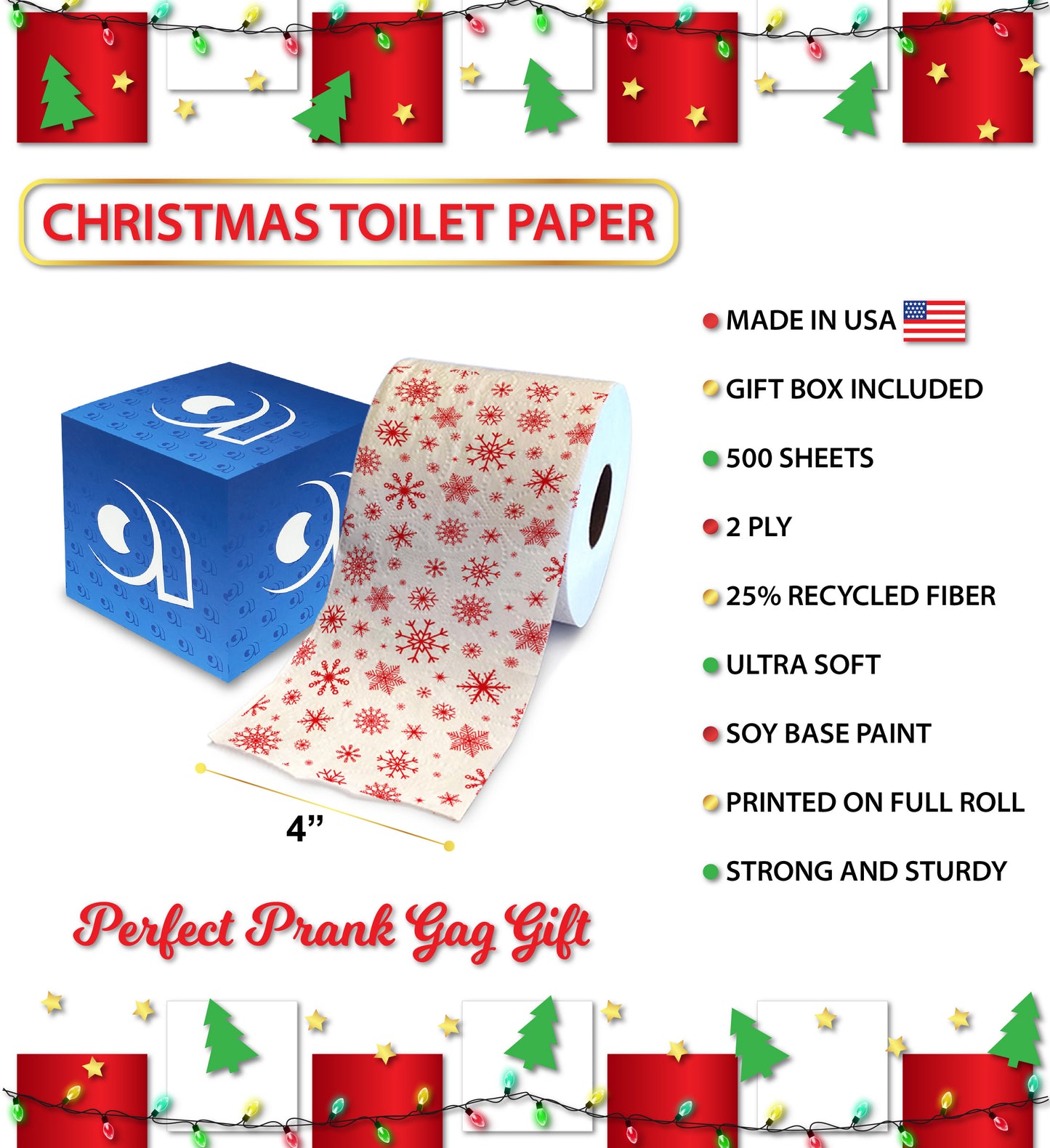 Printed TP Red Snowflakes Winter Holiday Printed Toilet Paper Gift – 500 Sheets