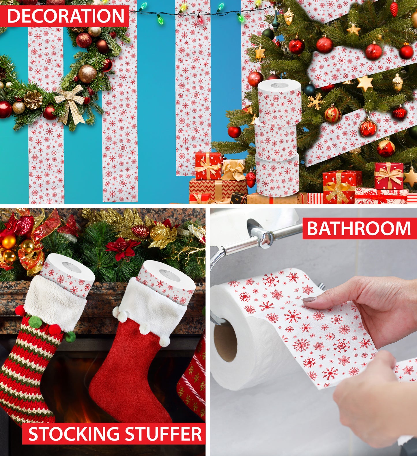 Printed TP Red Snowflakes Winter Holiday Printed Toilet Paper Gift – 500 Sheets