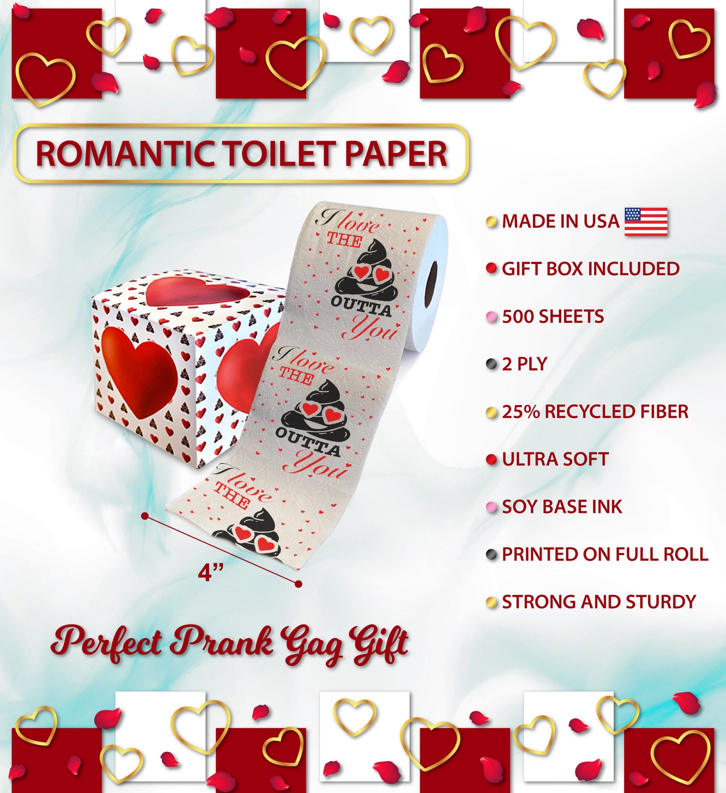 Printed TP I Love The Poop Outta You Valentines Printed Toilet Paper, 500 Sheet