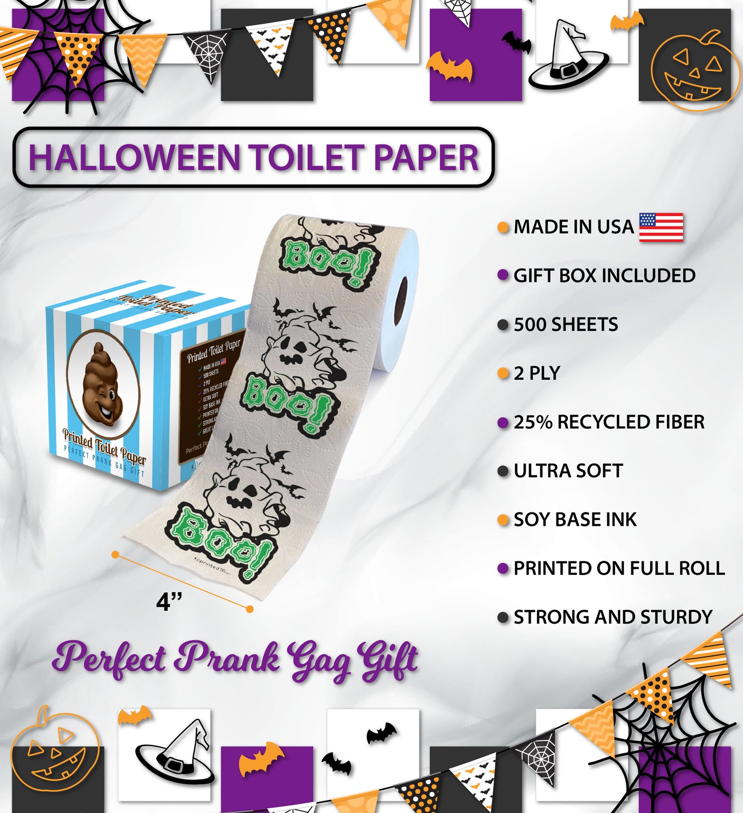 Printed TP Halloween Boo! Ghost Printed Toilet Paper Gag Gift – 500 Sheets