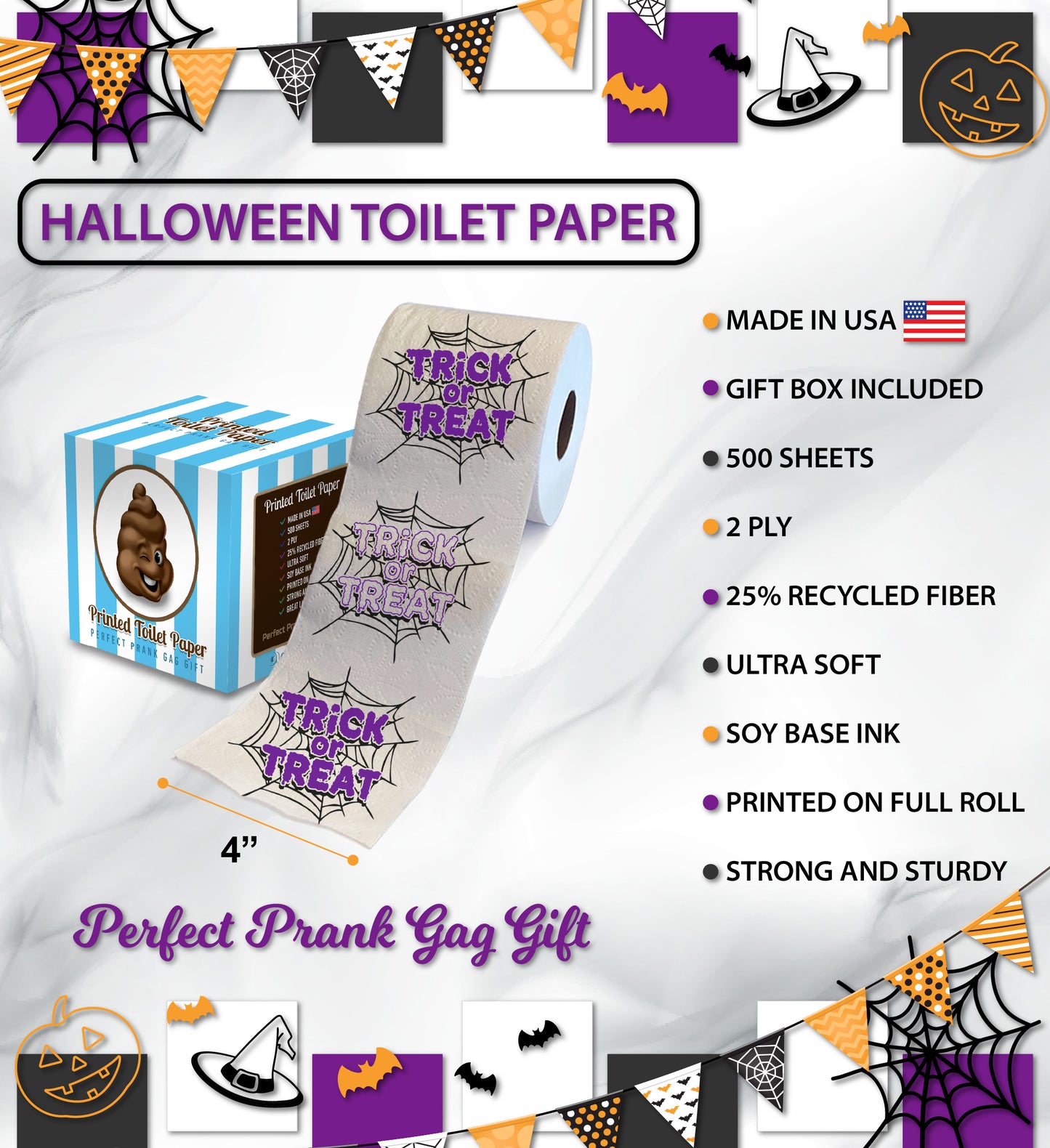 Printed TP Funny Halloween Trick or Treat Printed Toilet Paper Gift – 500 Sheet