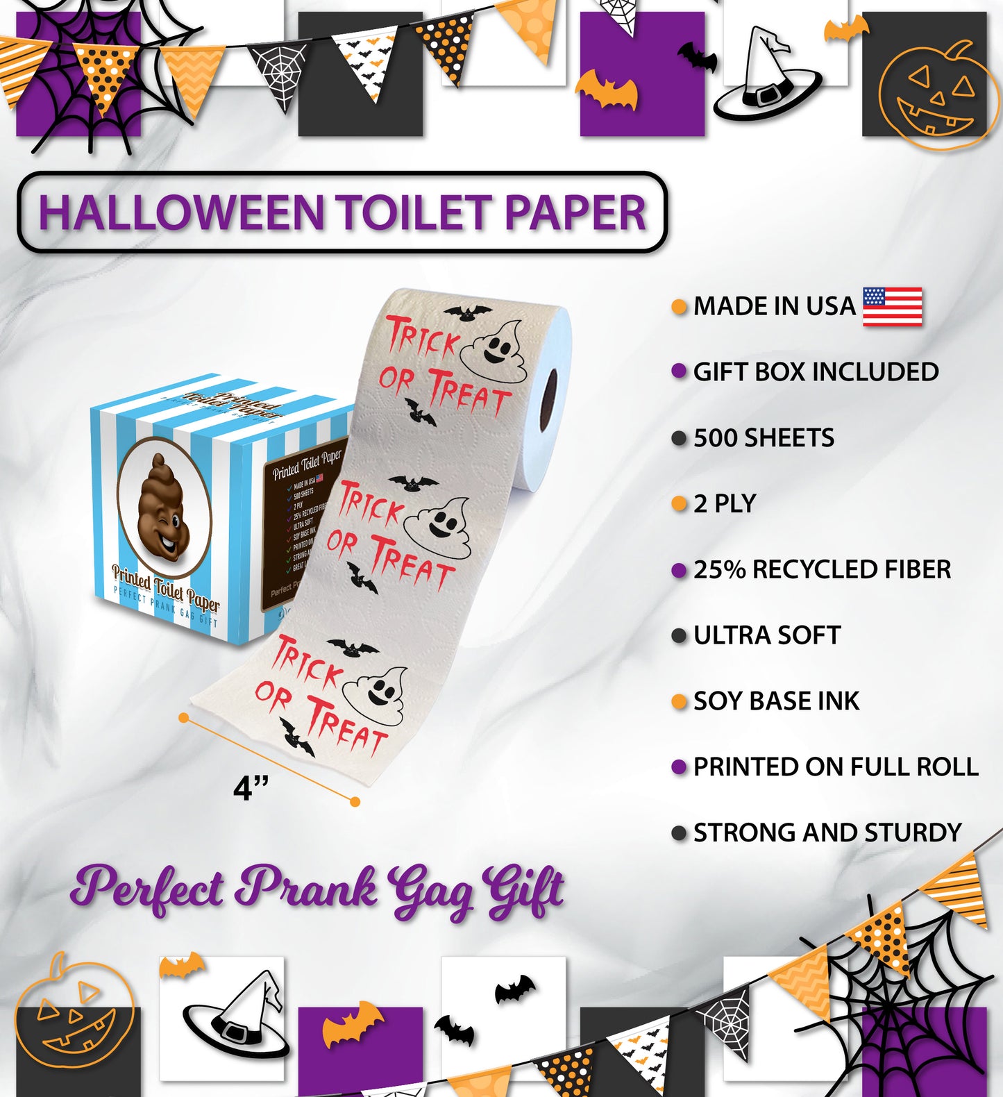 Printed TP Halloween Trick or Treat Poop Ghost Printed Toilet Paper – 500 Sheet