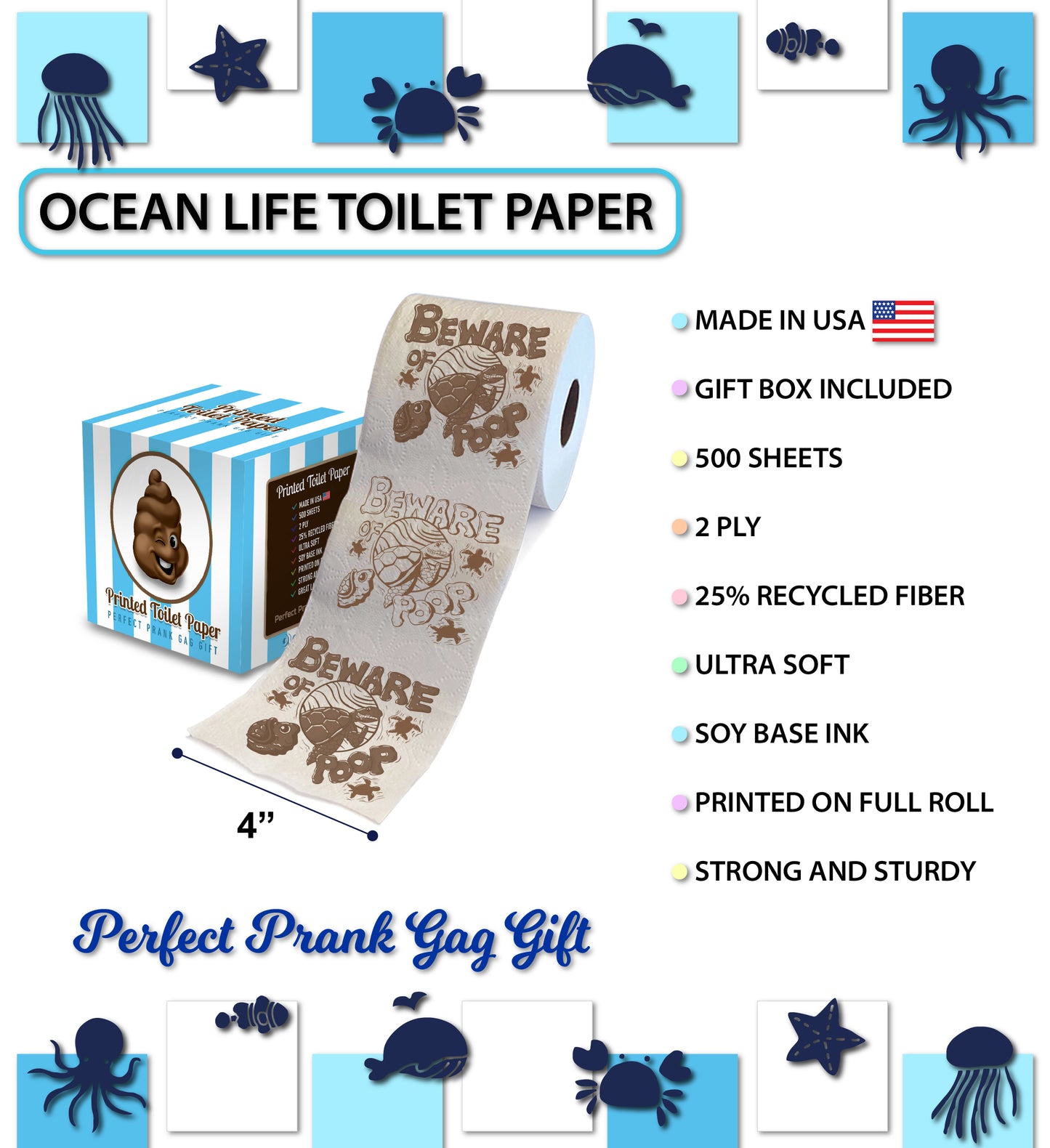Printed TP Beware of Sea Turtle Poop Printed Toilet Paper Gag Gift – 500 Sheets