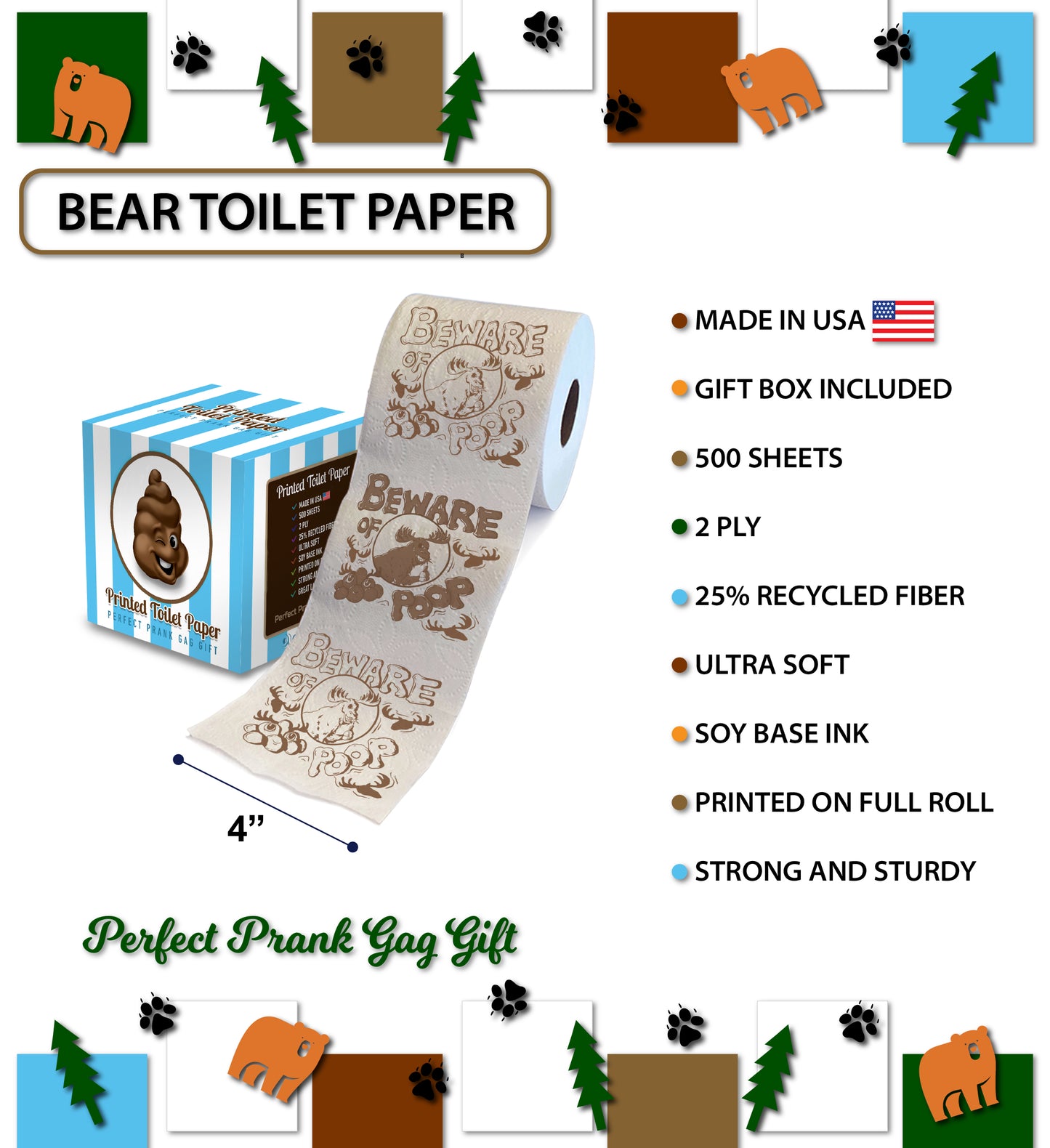 Printed TP Beware of Moose Poop Printed Toilet Paper Fun Gag Gift – 500 Sheets