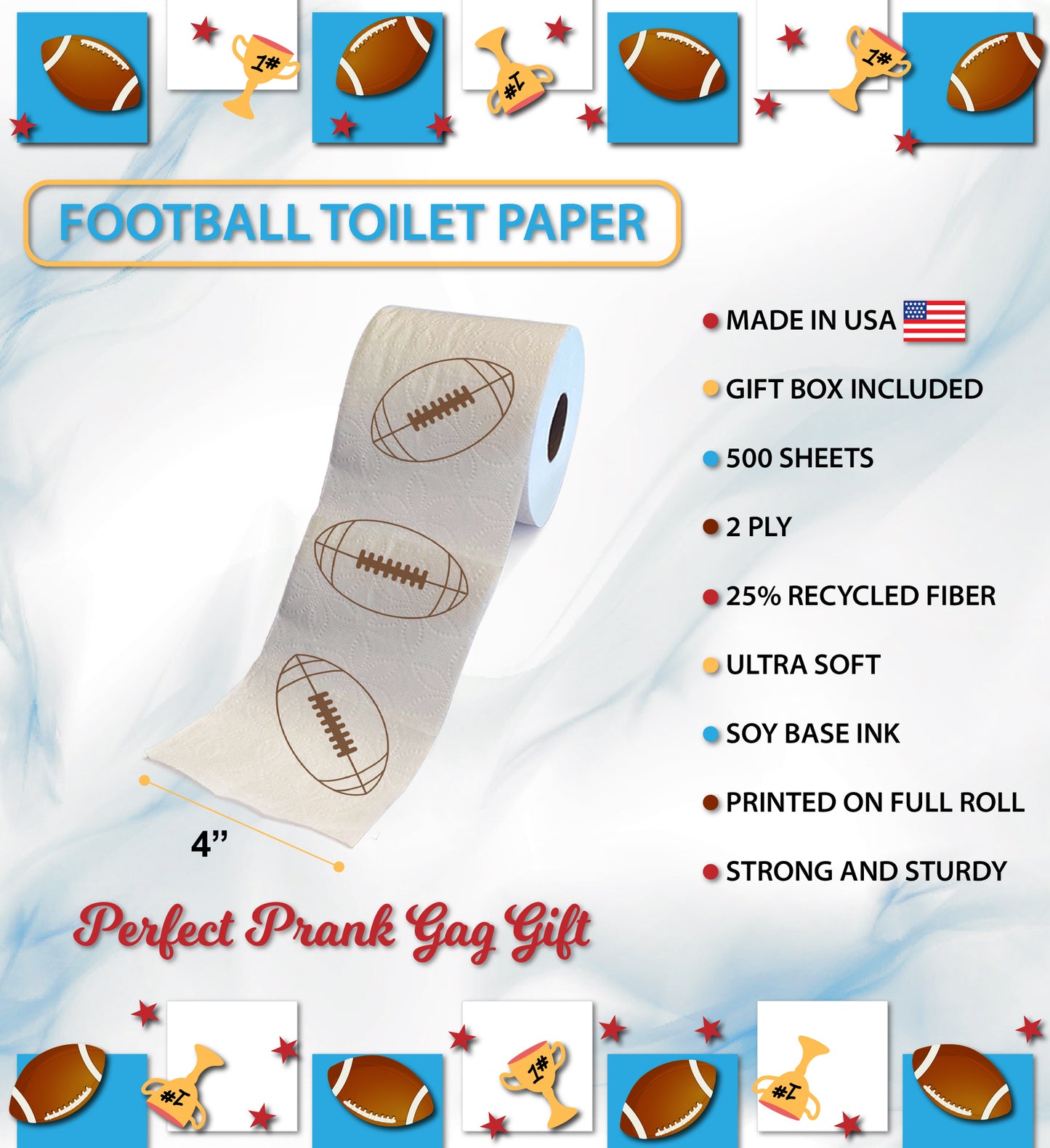 Printed TP Fun Sports Games Printed Toilet Paper Roll - 500 Sheets Football