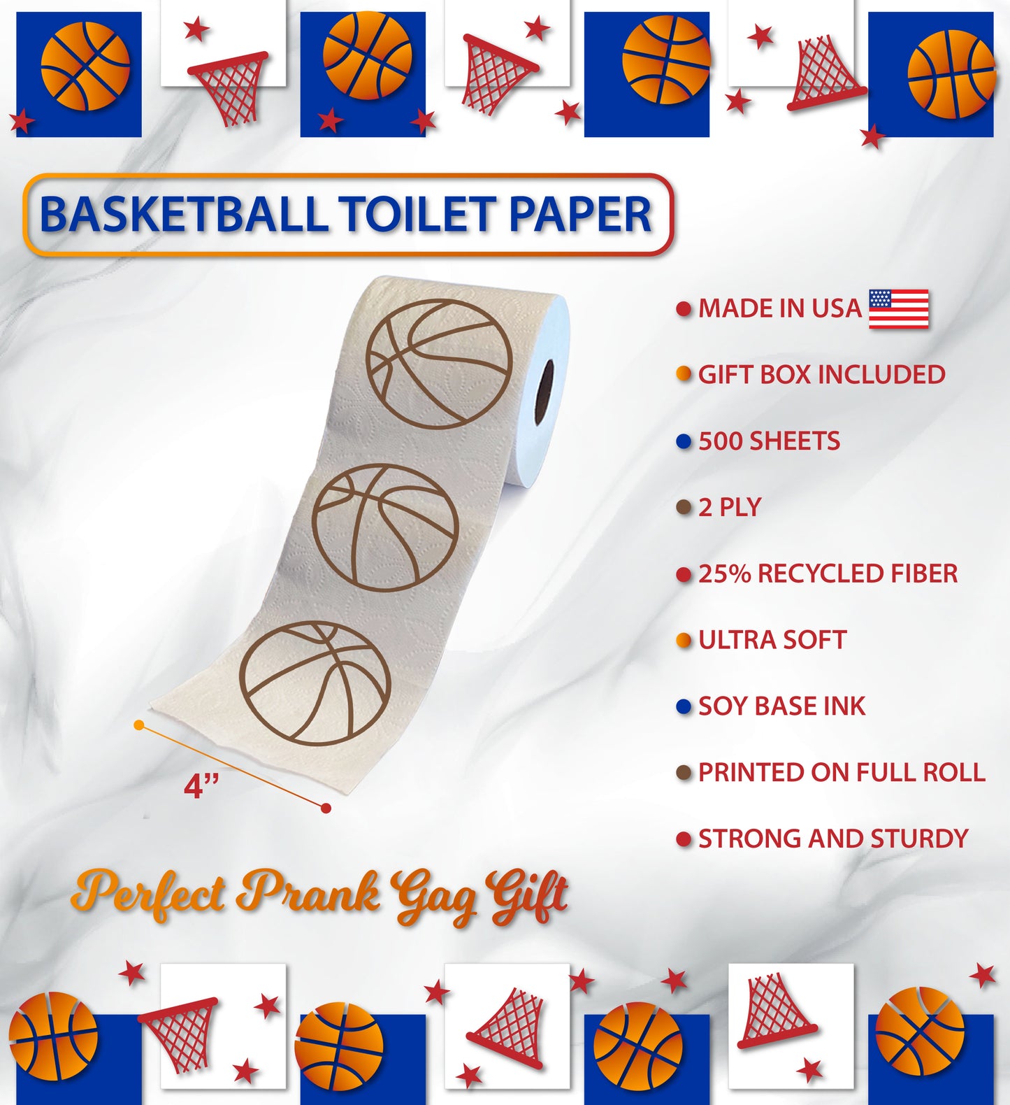 Printed TP Fun Sports Games Printed Toilet Paper Roll - 500 Sheets Basketball