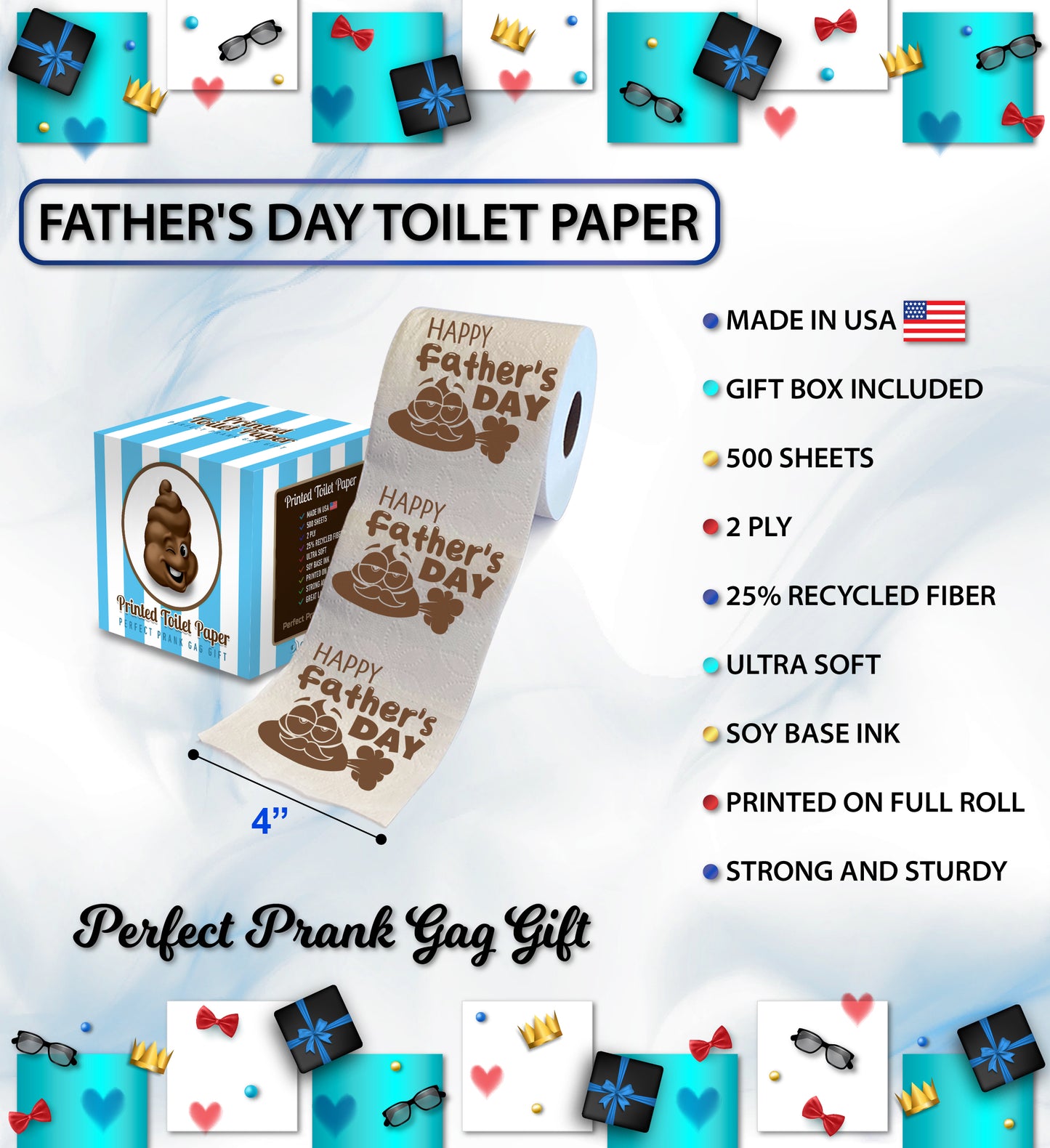 Printed TP Happy Fathers Day Poop Cartoon with Fart Toilet Paper – 500 Sheets