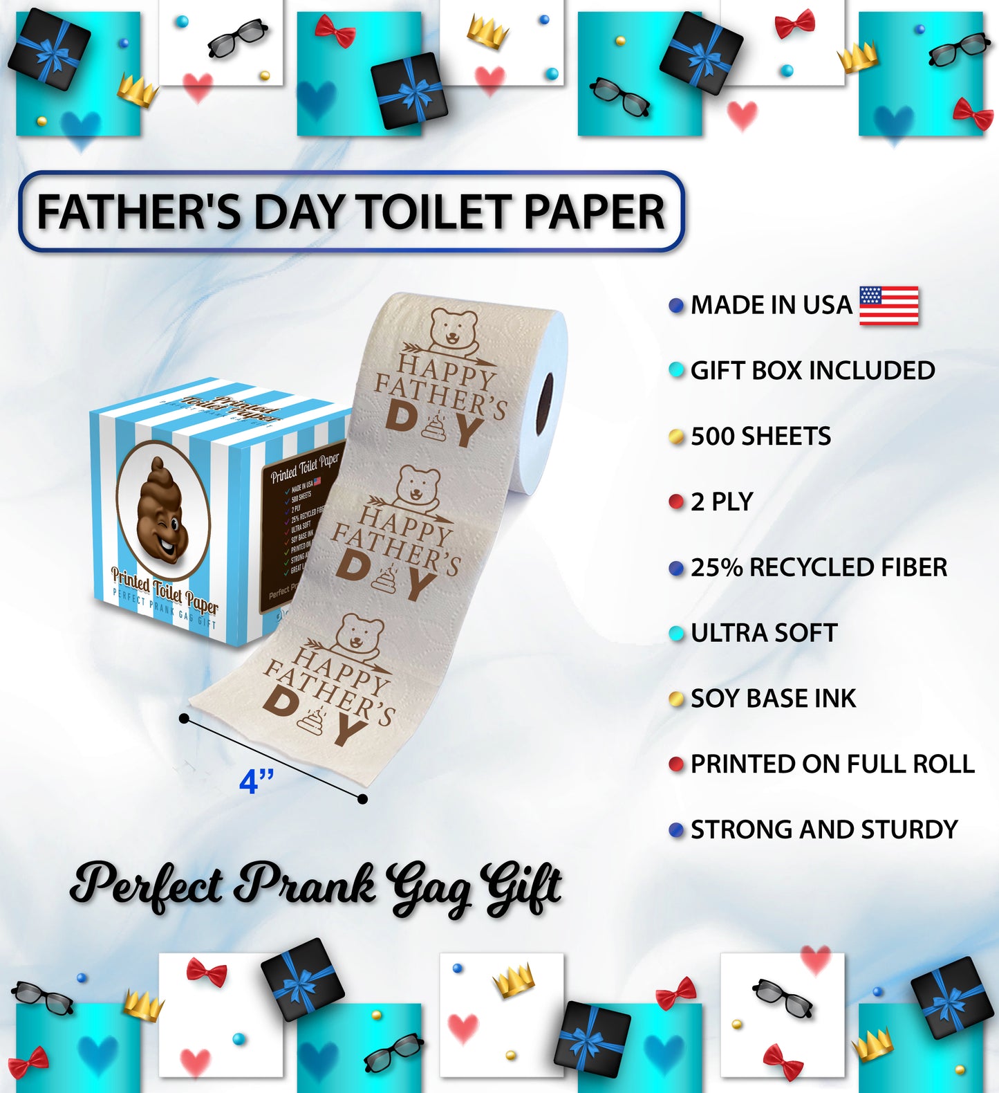 Printed TP Happy Fathers Day Smiling Bear with Arrow Toilet Paper - 500 Sheets