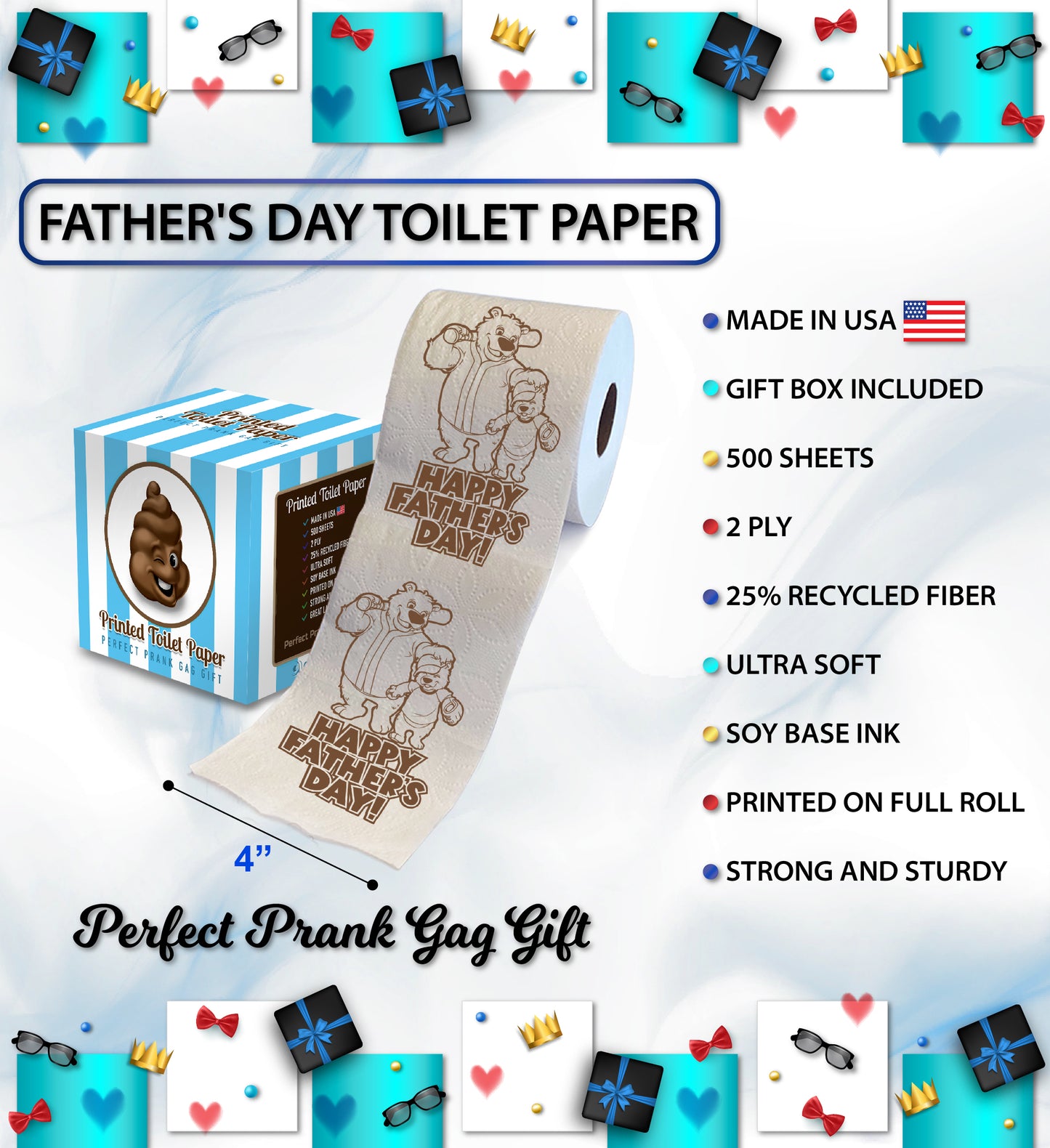 Printed TP Happy Fathers Day Papa Bear with Cub Printed Toilet Paper, 500 Sheet