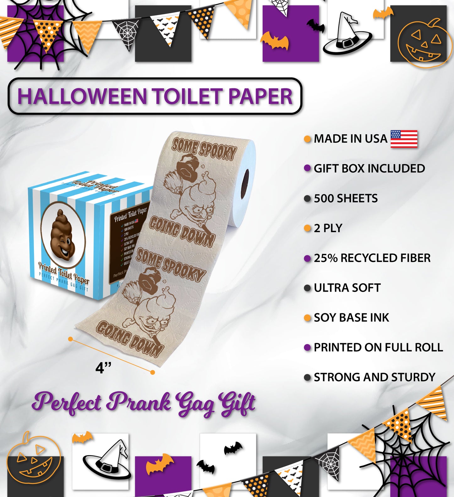 Printed TP Halloween Spooky Poop Going Down Toilet Paper Gag Gift – 500 Sheets