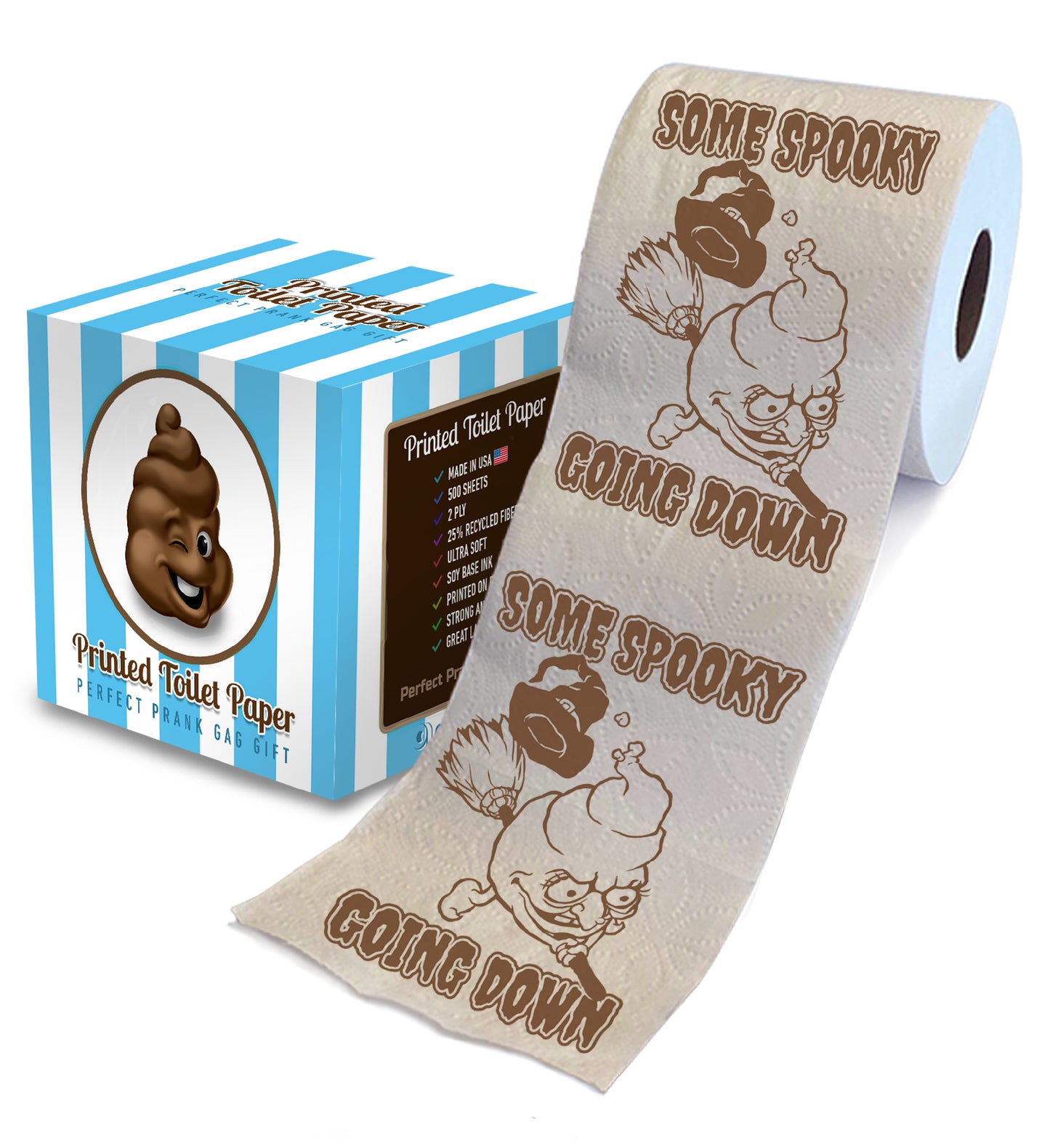 Printed TP Halloween Spooky Poop Going Down Toilet Paper Gag Gift – 500 Sheets