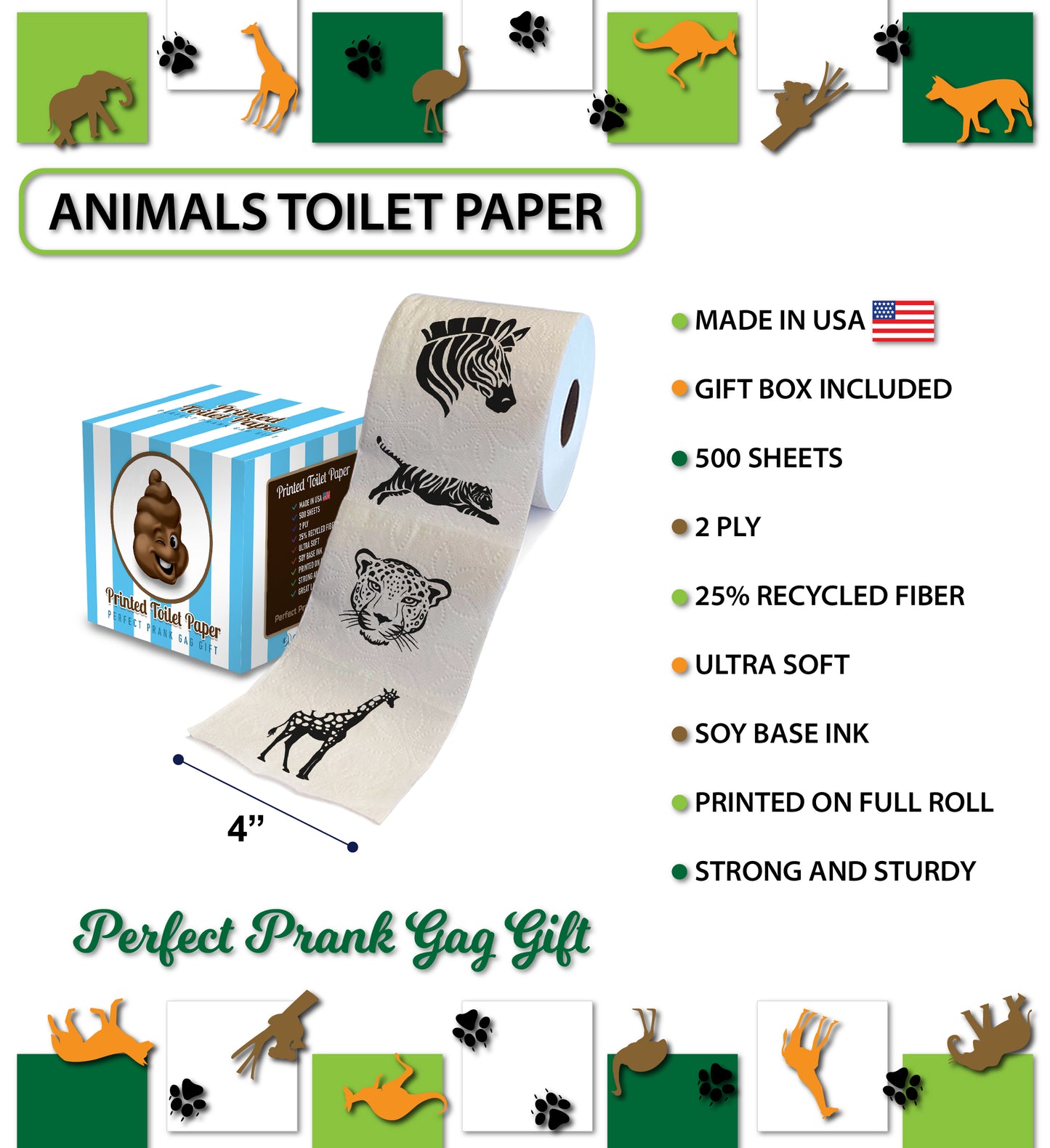 Printed TP Animal Pattern 2 Ply Toilet Paper Bathroom Tissue Paper - 500 Sheets