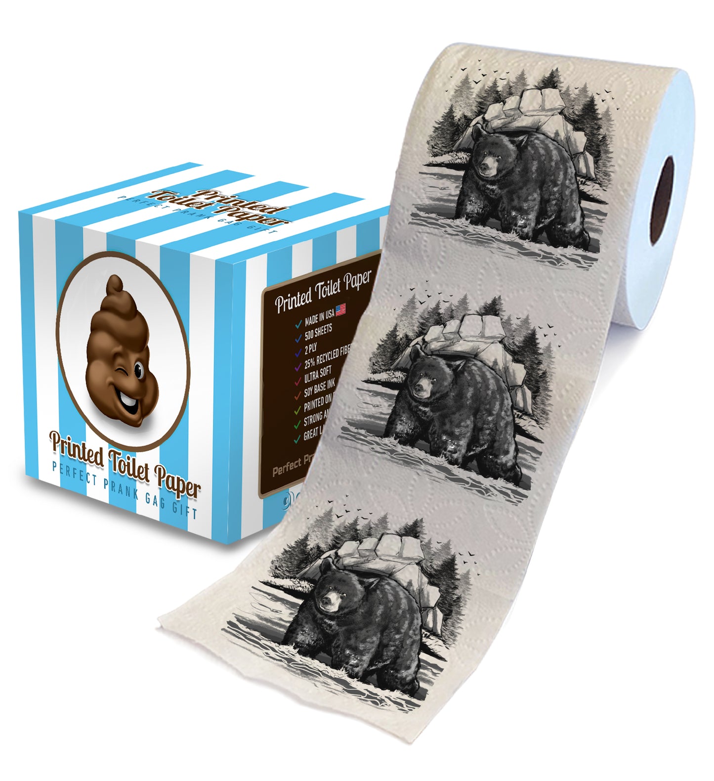 Printed TP Black Bear Scene Printed Toilet Paper Funny Gag Gift – 500 Sheets