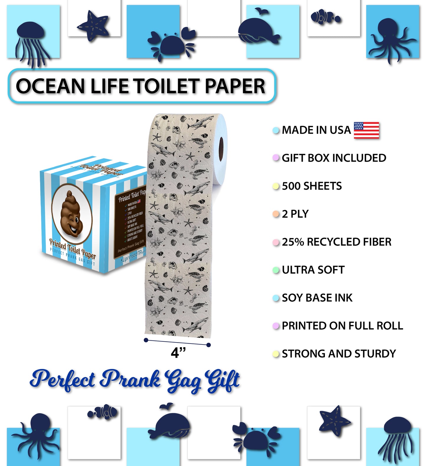 Printed TP Ocean Life 2 Ply Toilet Paper Bathroom Tissue Paper - 500 Sheets