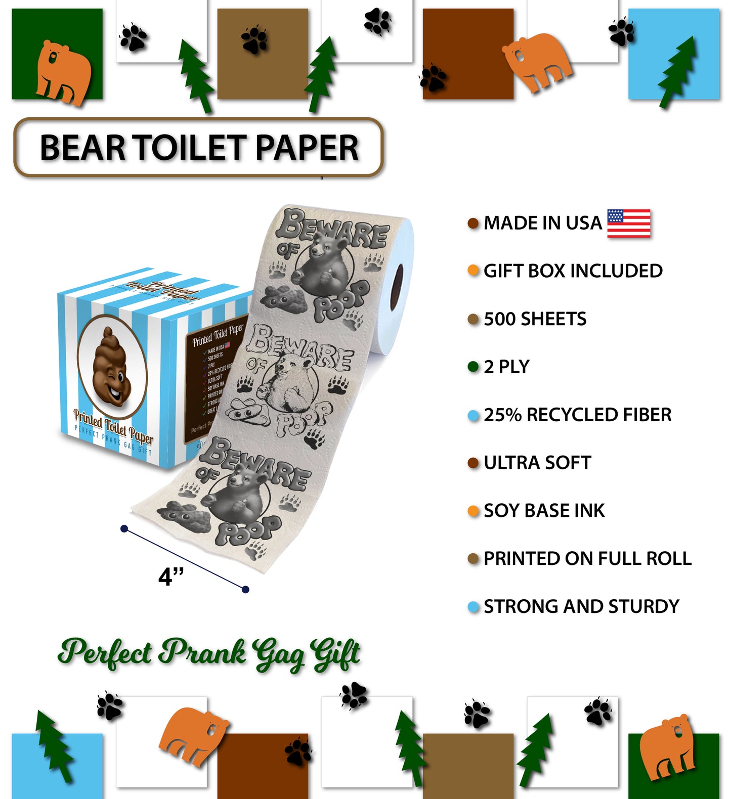 Printed TP Beware of Bear Poop Printed Toilet Paper Funny Gag Gift – 500 Sheets