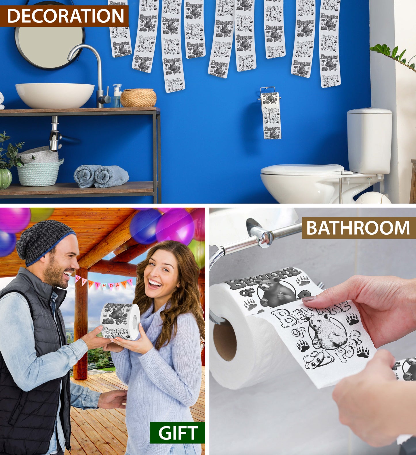 Printed TP Beware of Bear Poop Printed Toilet Paper Funny Gag Gift – 500 Sheets