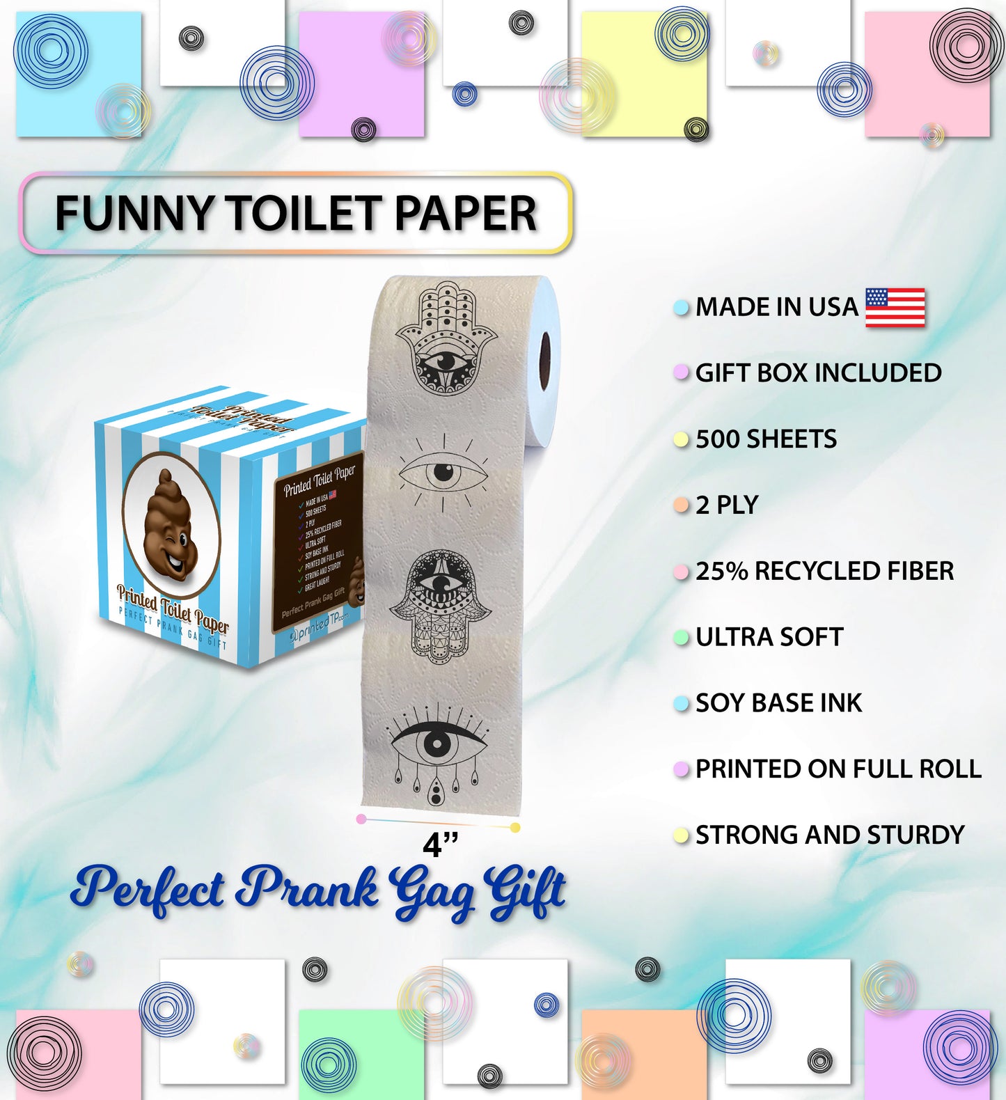Printed TP Funny Hamsa Eye Printed Toilet Paper Gag Gift For Decor – 500 Sheets