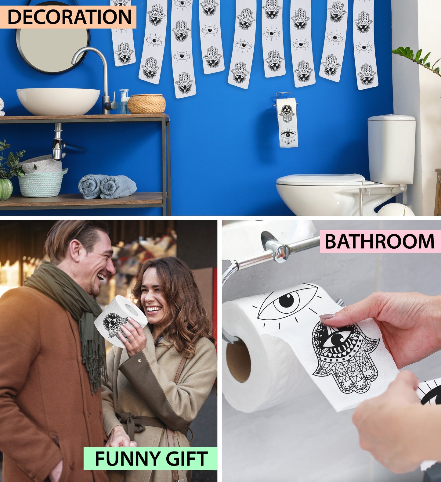 Printed TP Funny Hamsa Eye Printed Toilet Paper Gag Gift For Decor – 500 Sheets