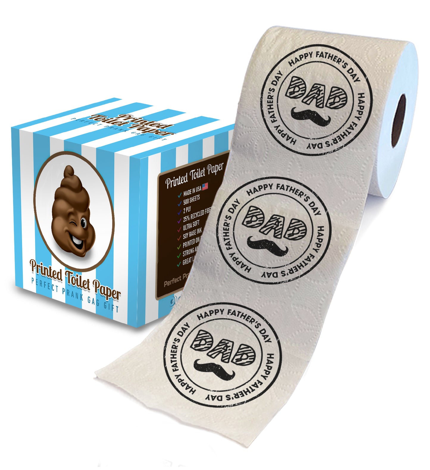 Printed TP Happy Fathers Day Dad Mustache Stamp Design Toilet Paper, 500 Sheets