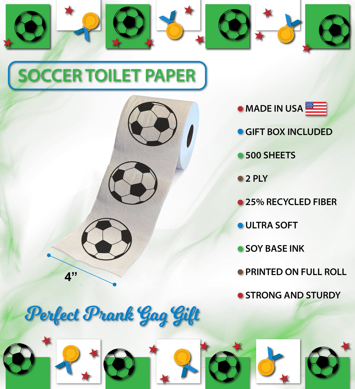 Printed TP Fun Sports Games Printed Toilet Paper Roll - 500 Sheets Soccer