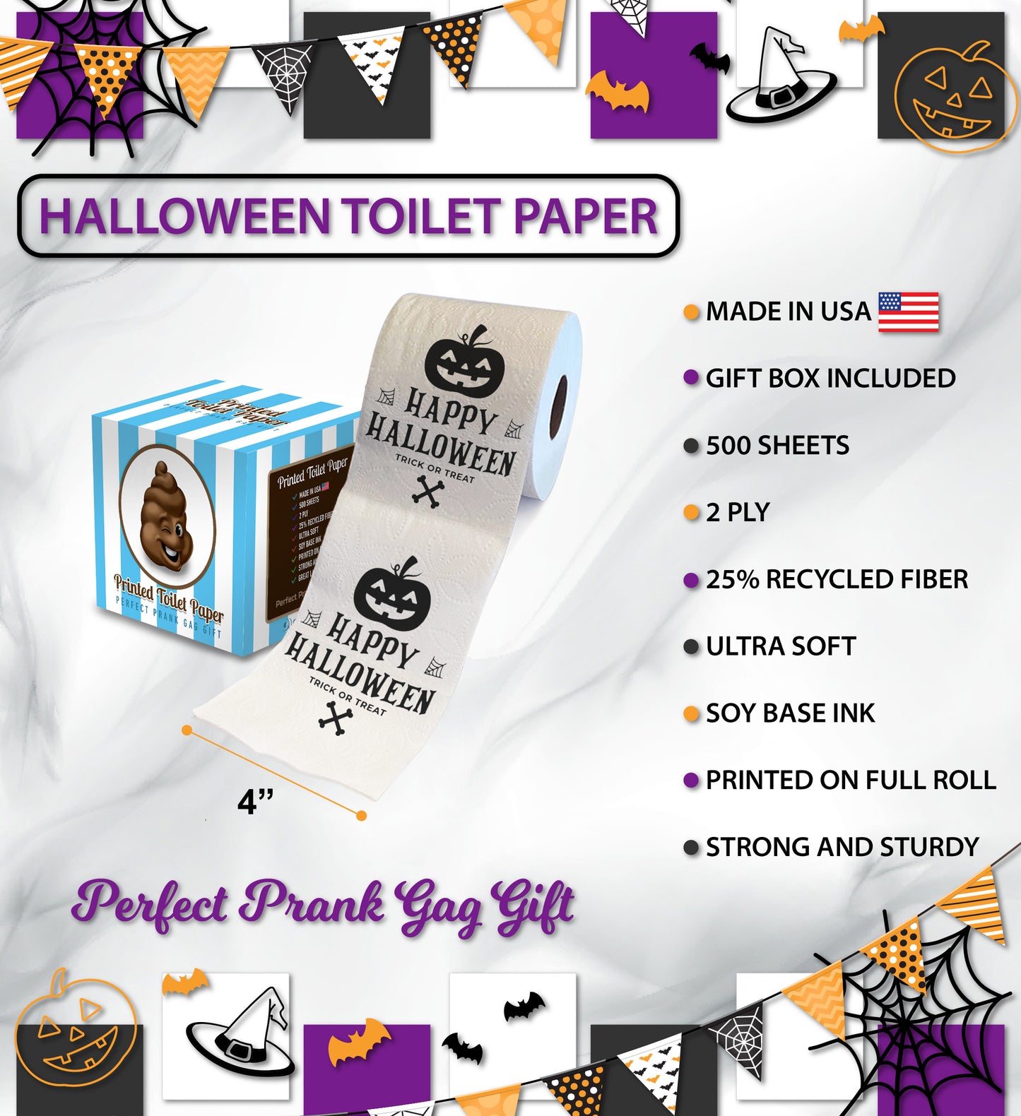 Printed TP Halloween Laughing Pumpkin Printed Toilet Paper Gag Gift – 500 Sheet