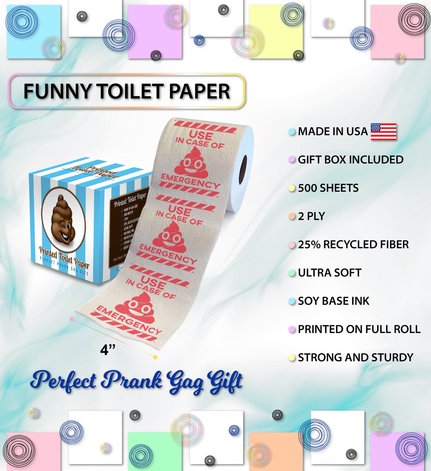Printed TP Use in Case of Emergency Printed Toilet Paper Gag Gift - 500 Sheets