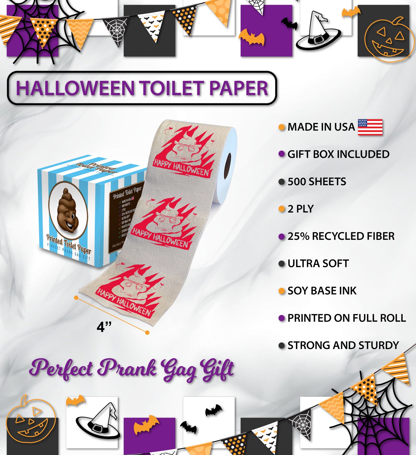 Printed TP Happy Halloween Poop Printed Toilet Paper Gag Gift – 500 Sheets