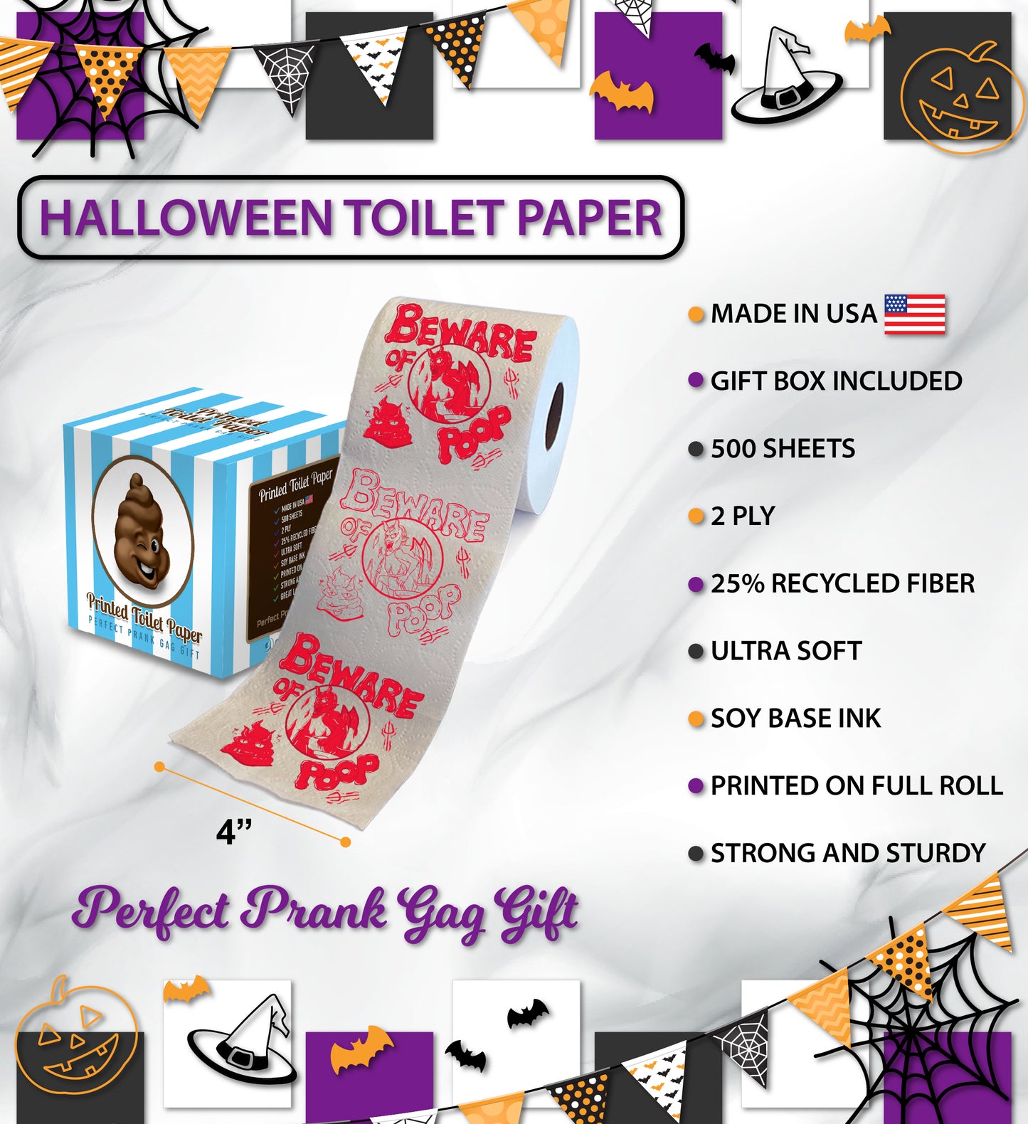 Printed TP Halloween Beware of Devil Poop Printed Toilet Paper Gift – 500 Sheet