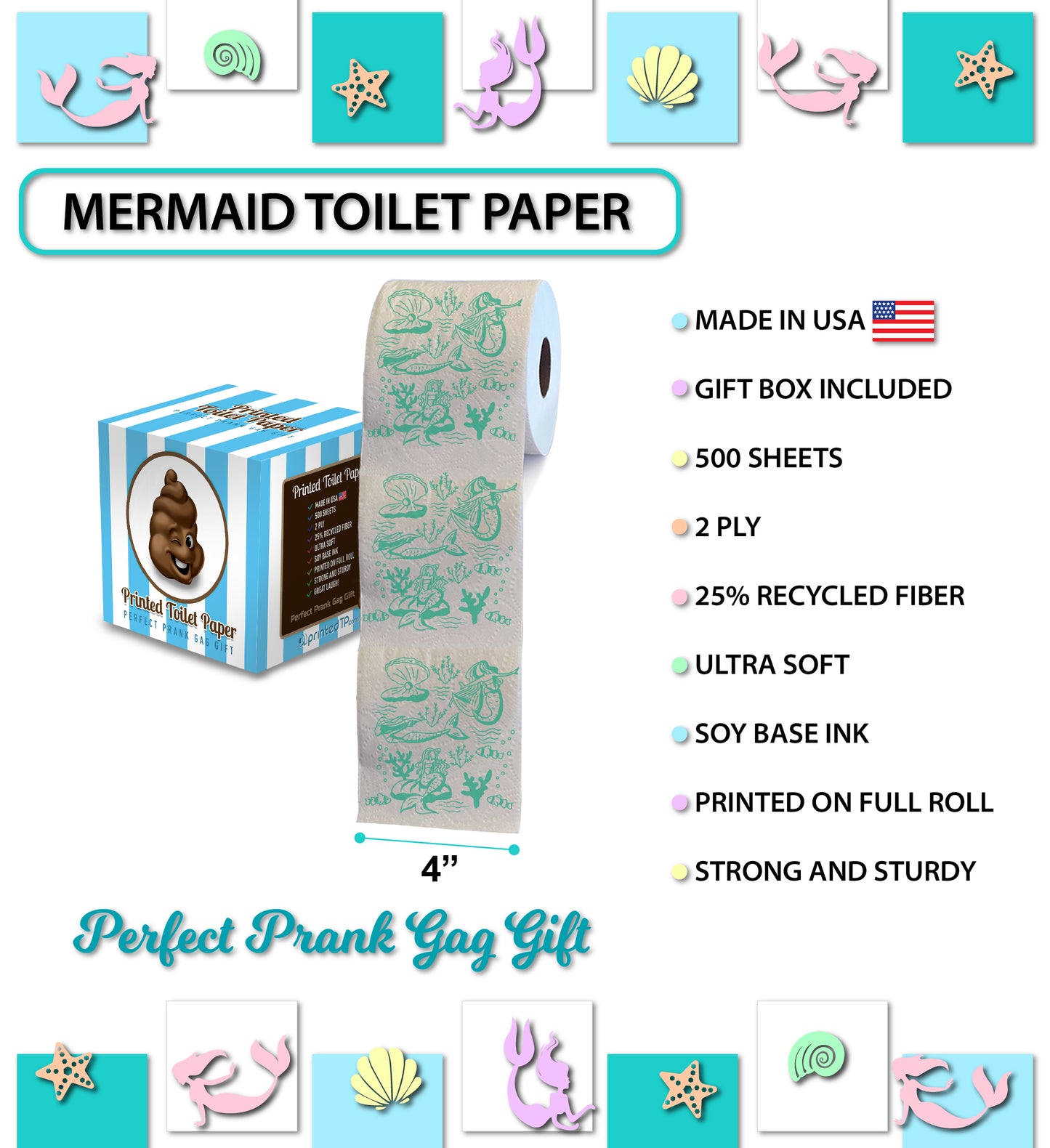 Printed TP Mermaid Pattern 2 Ply Toilet Paper Bathroom Tissue Paper -500 Sheets