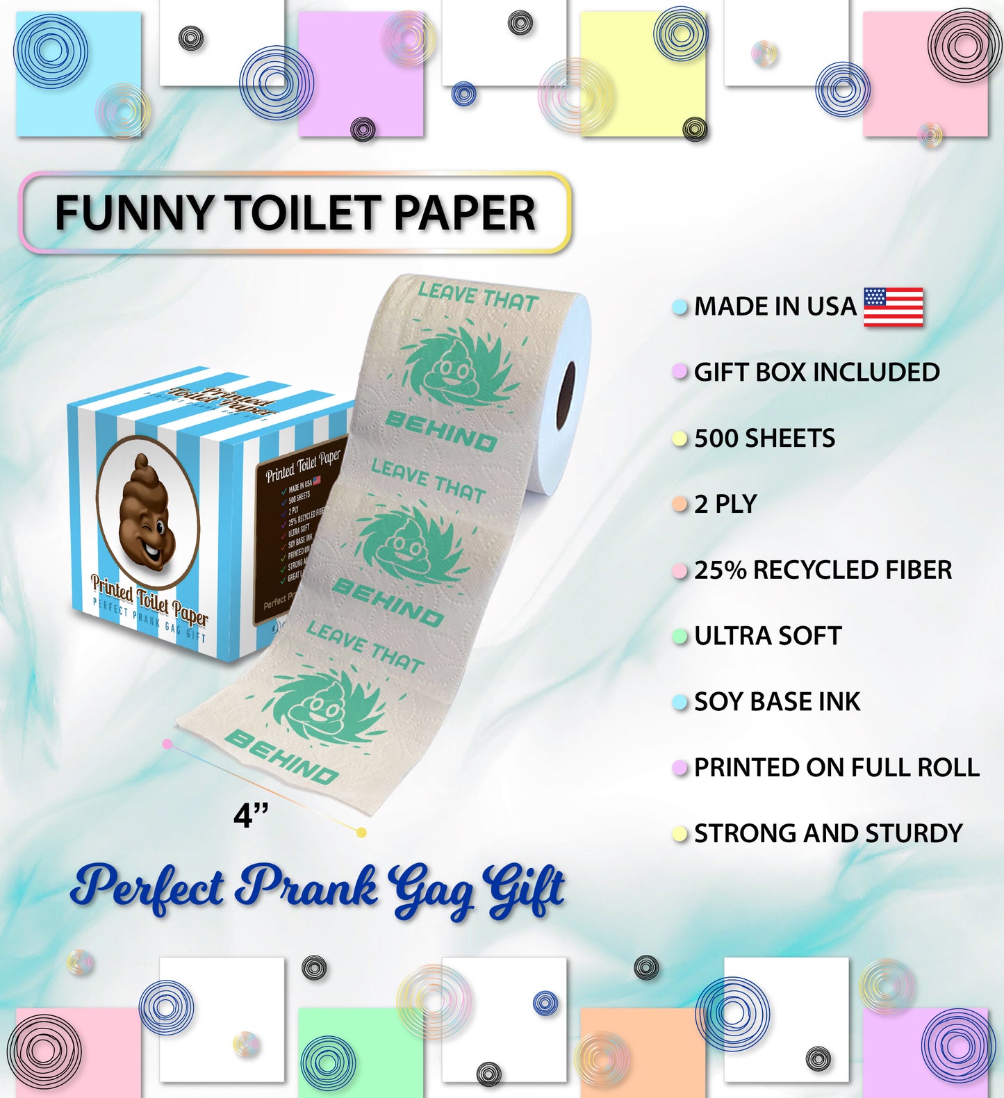 Printed TP Leave That Poop Behind Printed Toilet Paper Gag Gift – 500 Sheets
